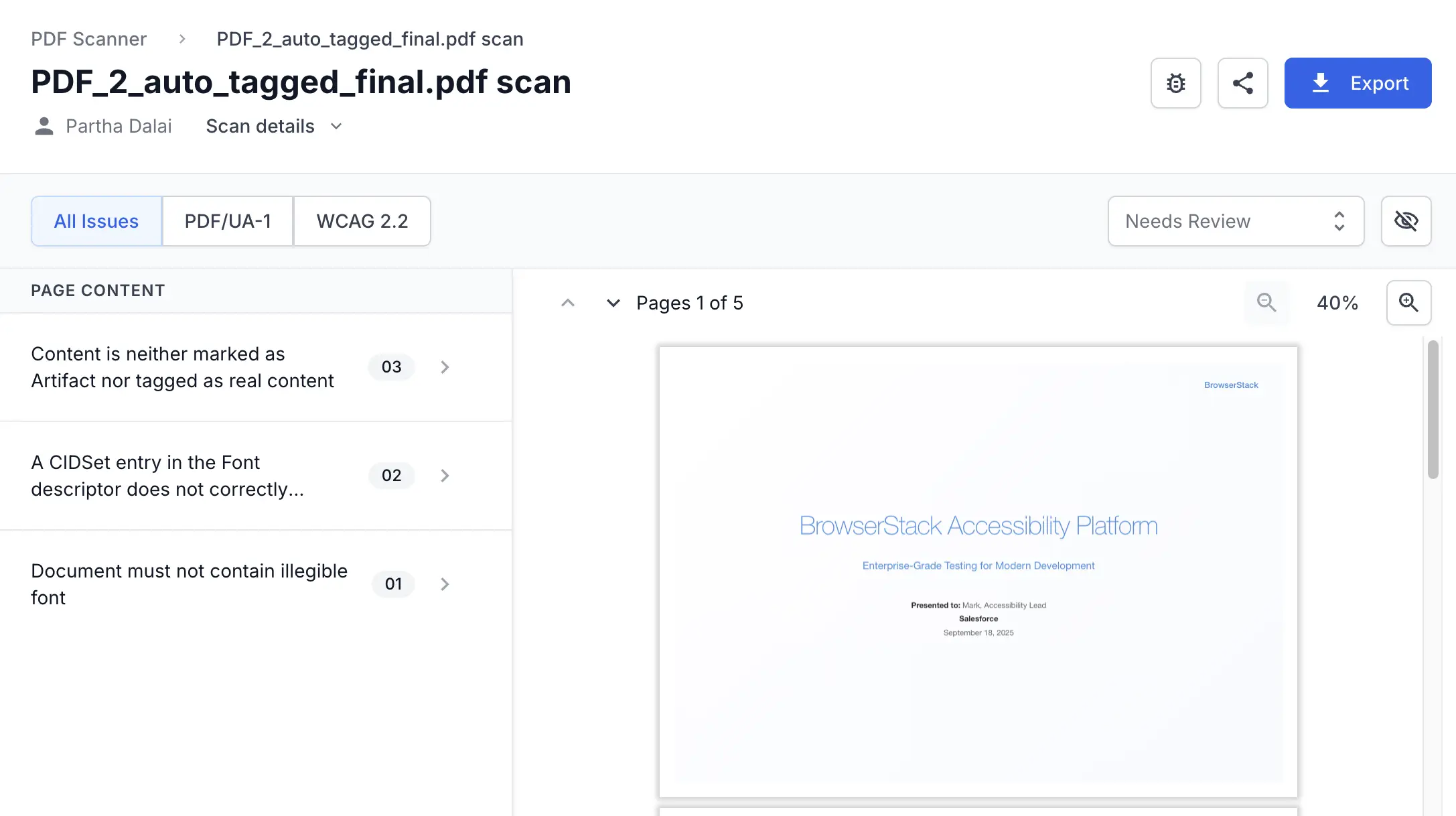 A screenshot of a PDF scan report showing the All issues tab