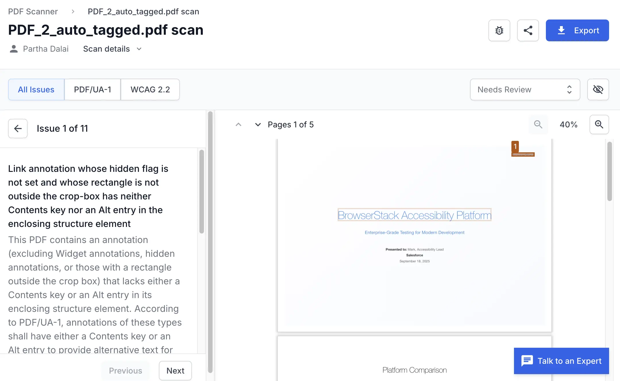 A screenshot of a PDF scan report showing the details of a specific issue