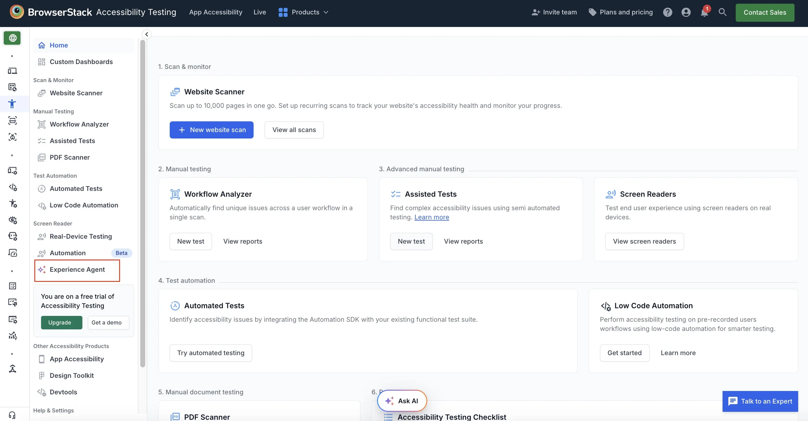 The Experience Agent option highlighted in the Accessibility Testing sidebar under Screen Reader