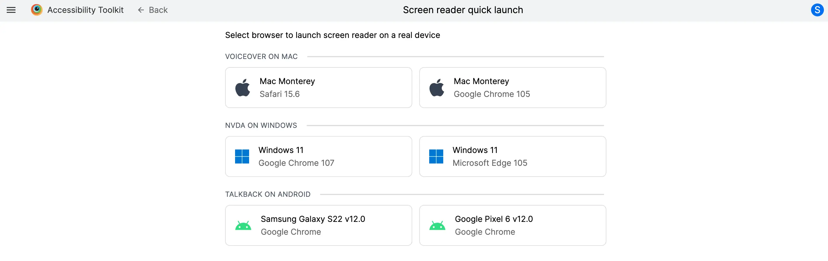 Select an OS and browser combination to launch a Screen Reader session