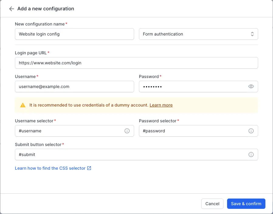 Add login configuration for pages with authentication BrowserStack