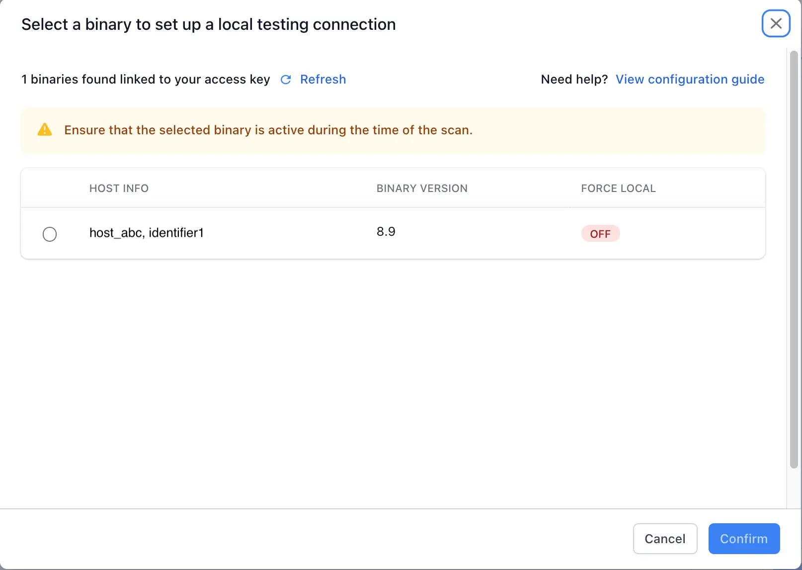 Select a local testing connection