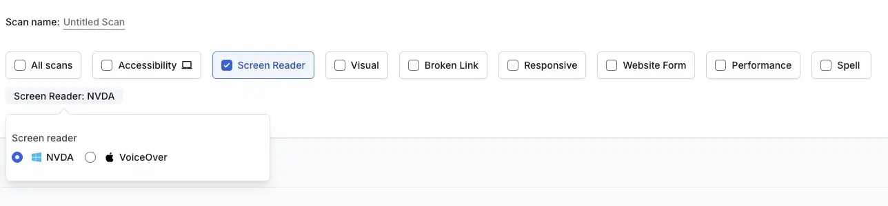 The NVDA option selected in the Screen reader picker in Website Scanner