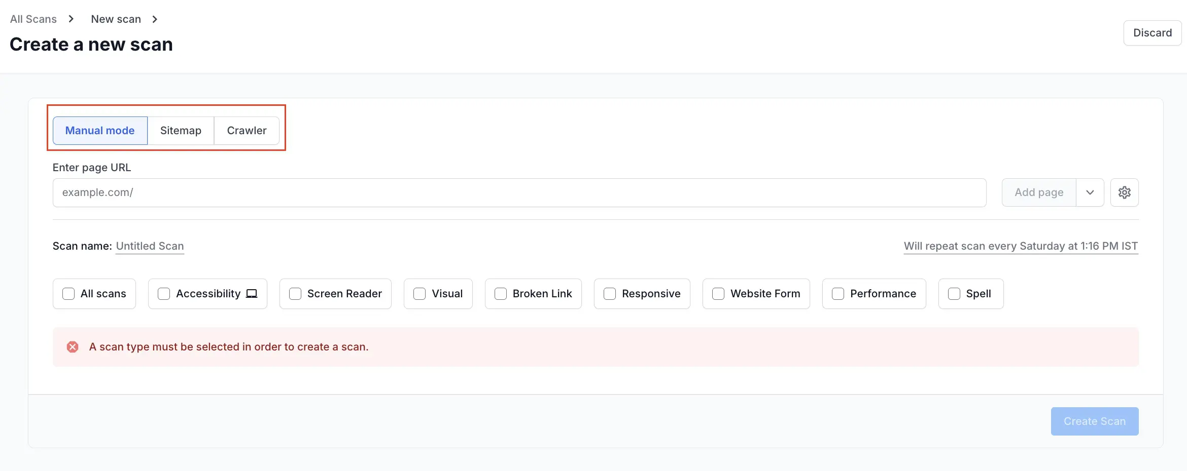 The Manual mode, Sitemap, and Crawler tabs highlighted in Website Scanner