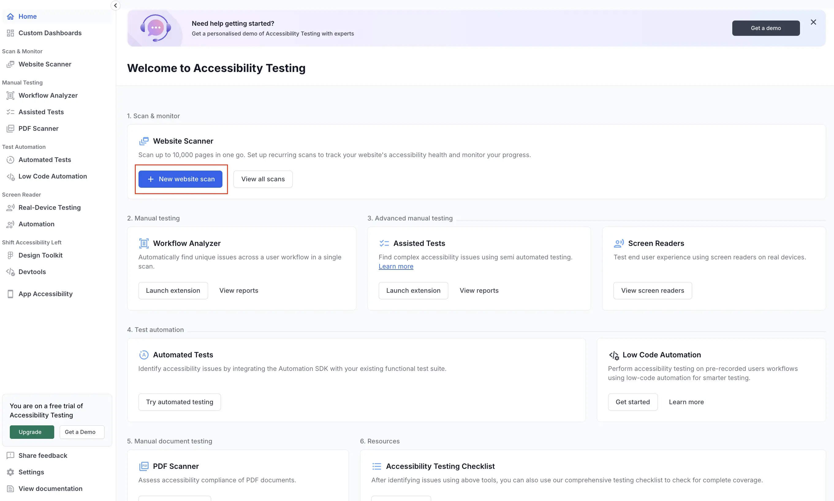 The New Website Scan button highlighted on the Accessibility Testing homepage