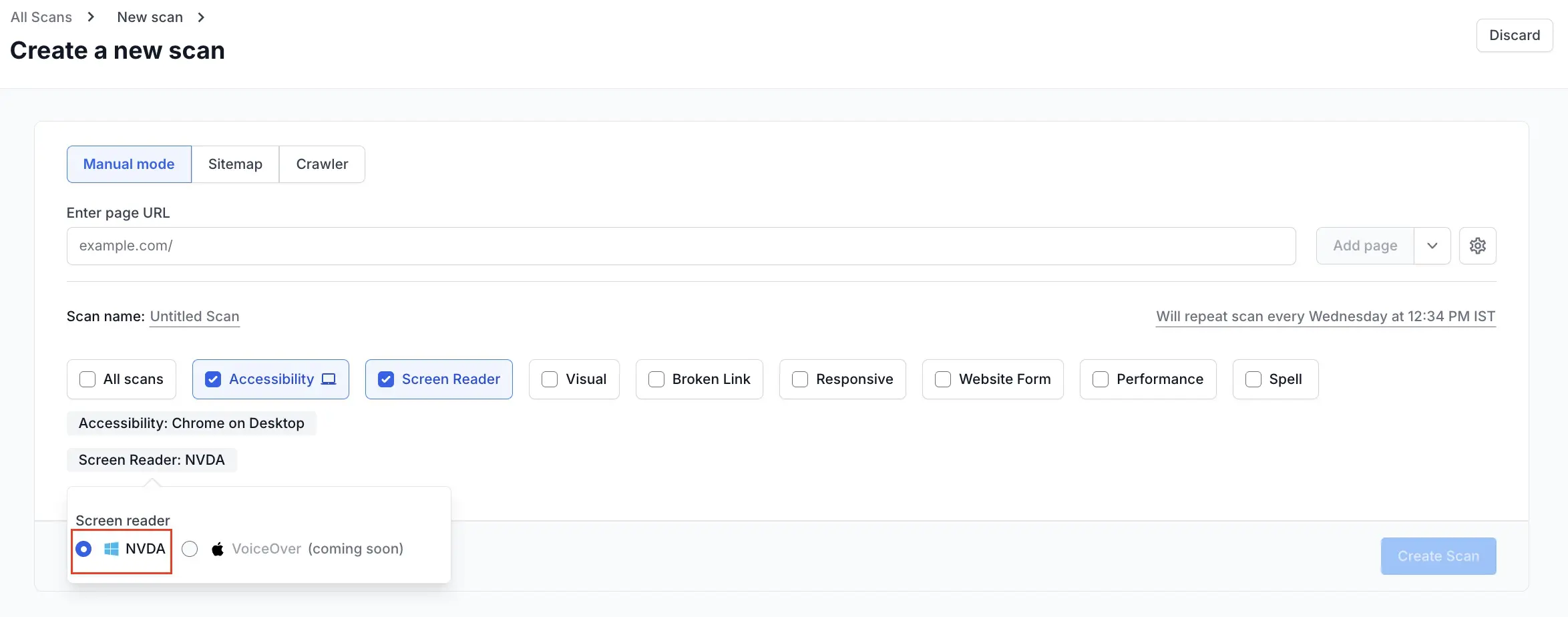 The NVDA option selected in the Screen reader picker in Website Scanner