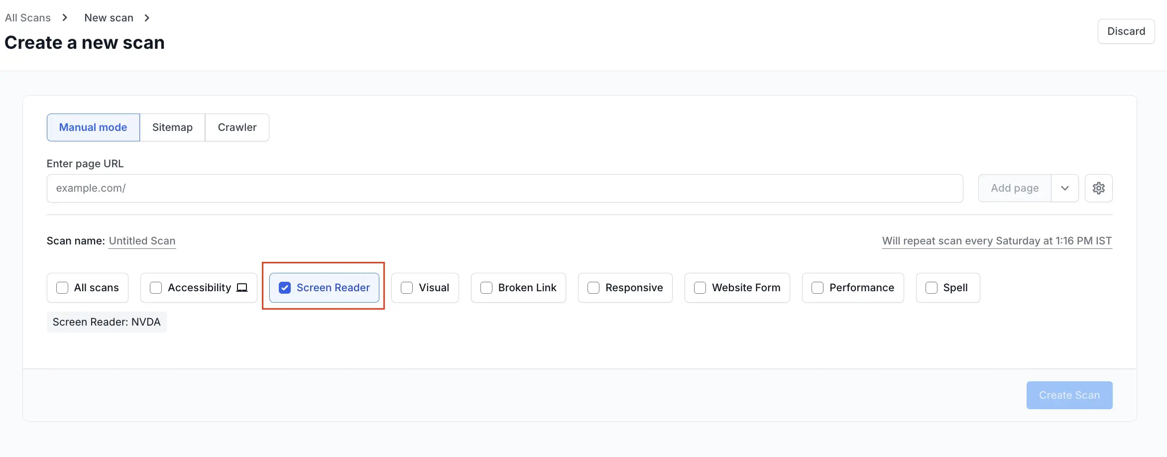 The Screen Reader checkbox highlighted among the scan types in Website Scanner