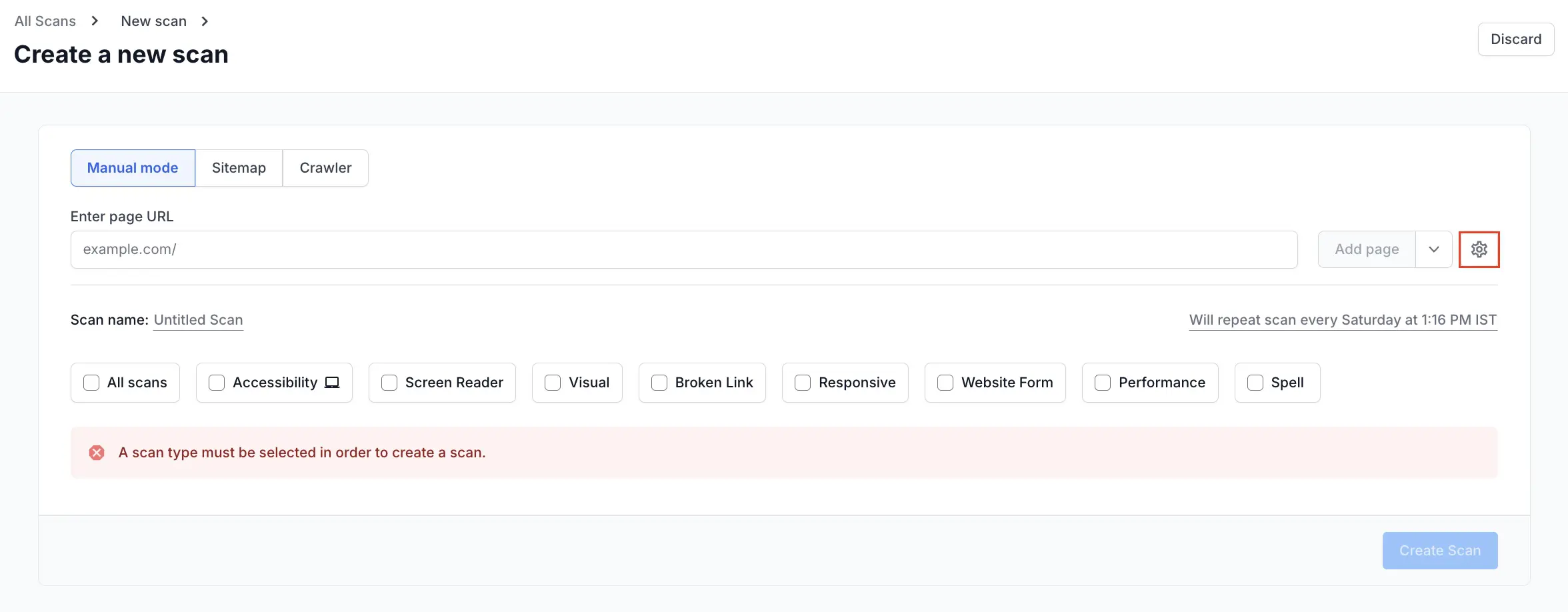The settings icon highlighted in Website Scanner