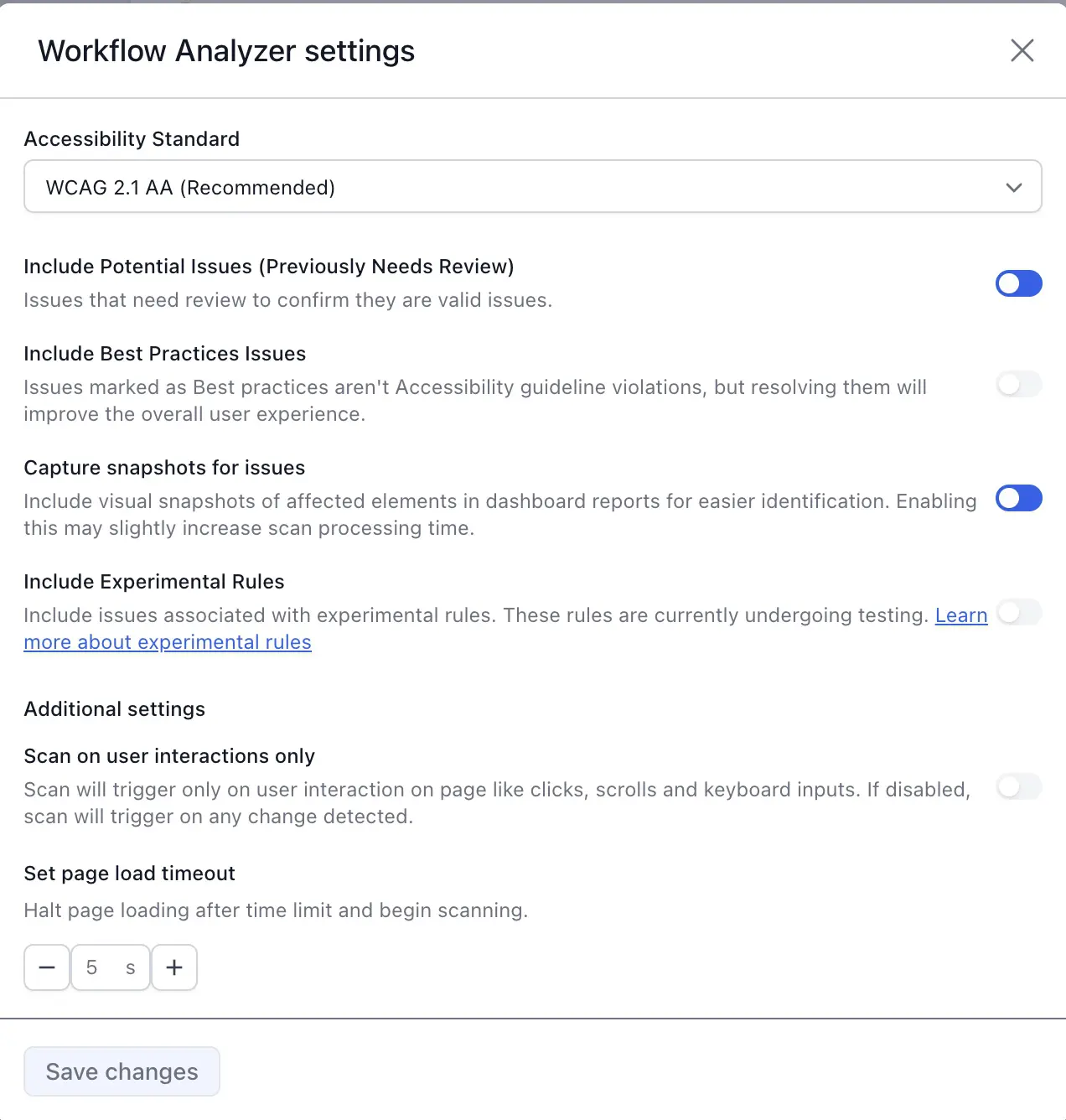 Workflow Analyzer settings with toggles for different settings