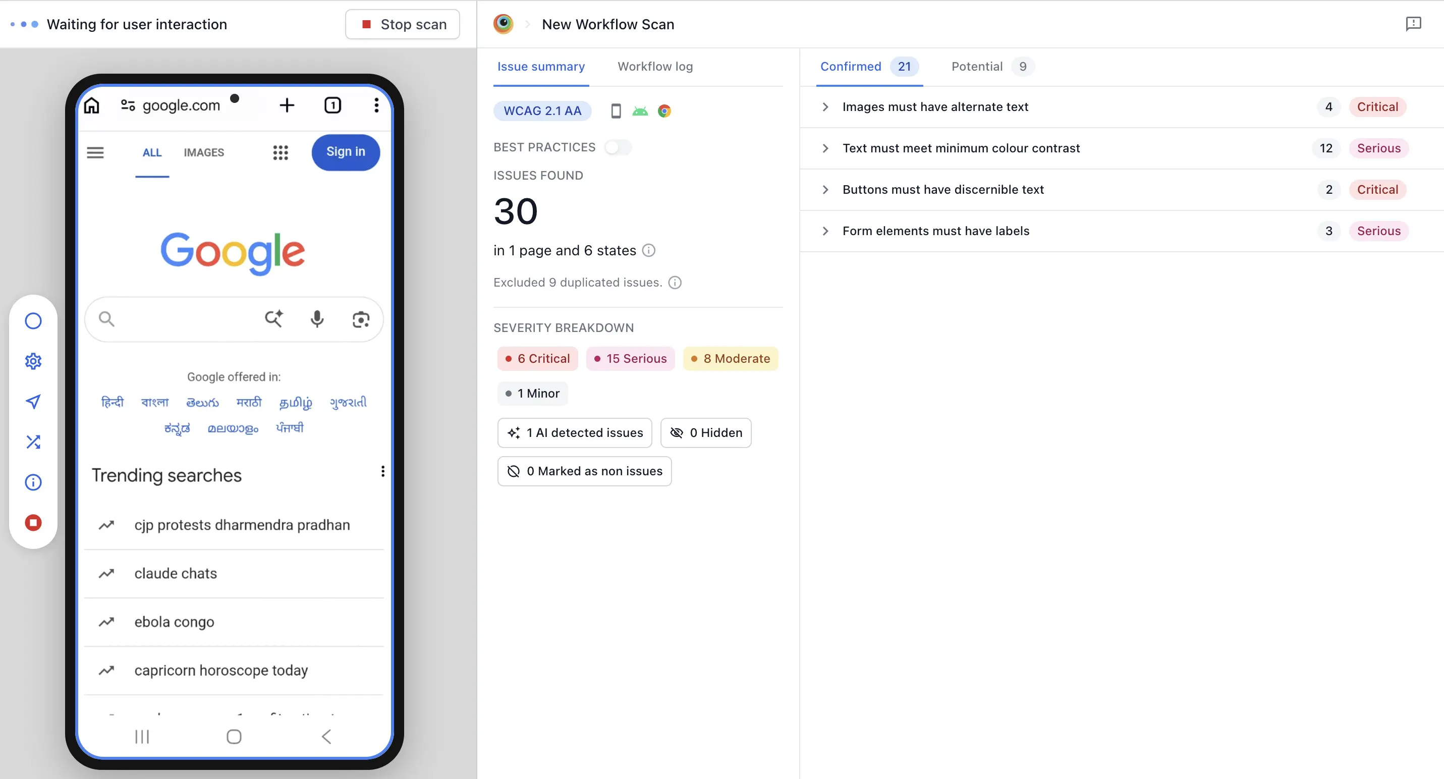 Workflow scan in progress with a live issue summary and severity breakdown next to the device