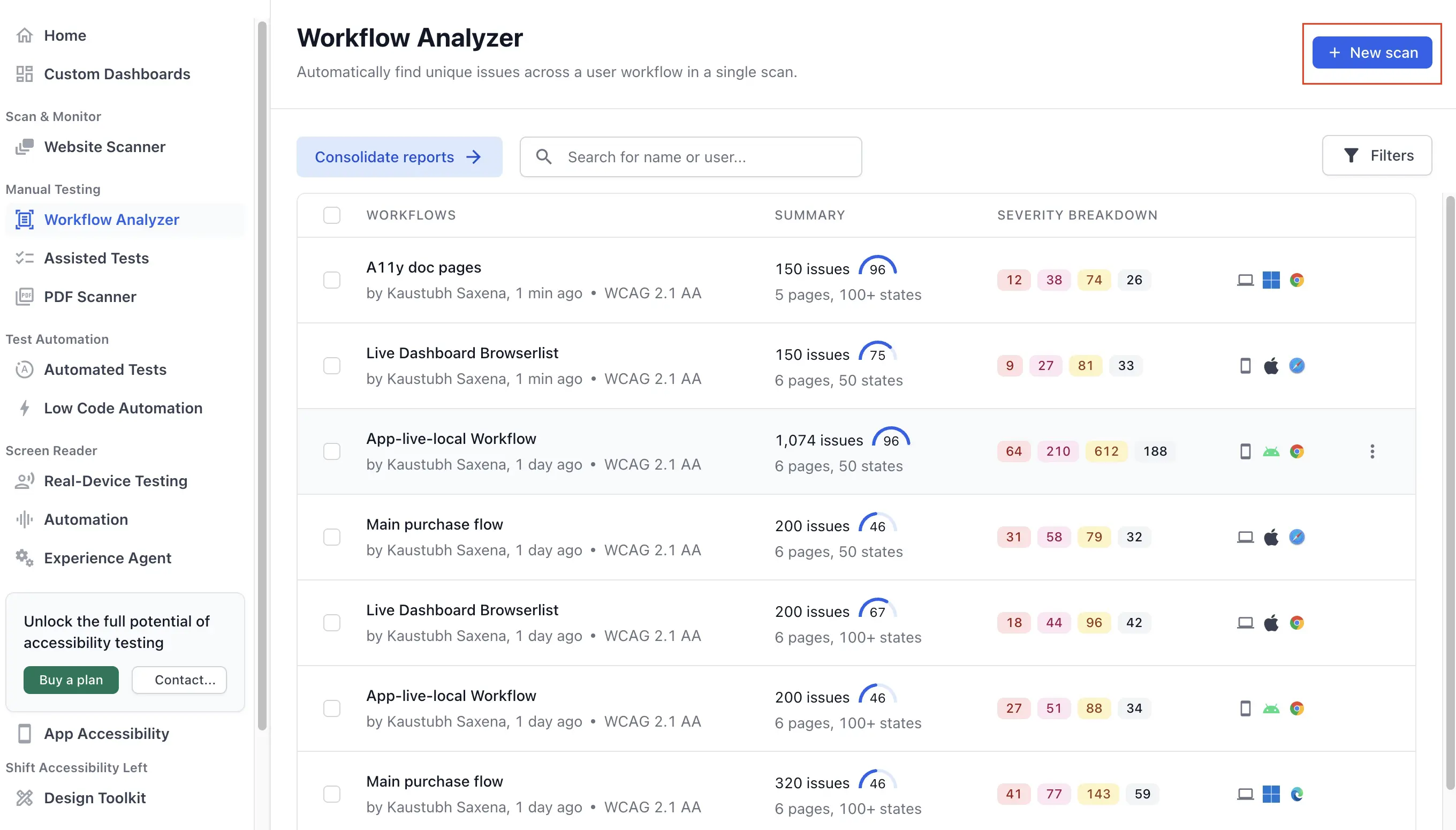 Workflow Analyzer page with a list of workflow scans and the New scan button