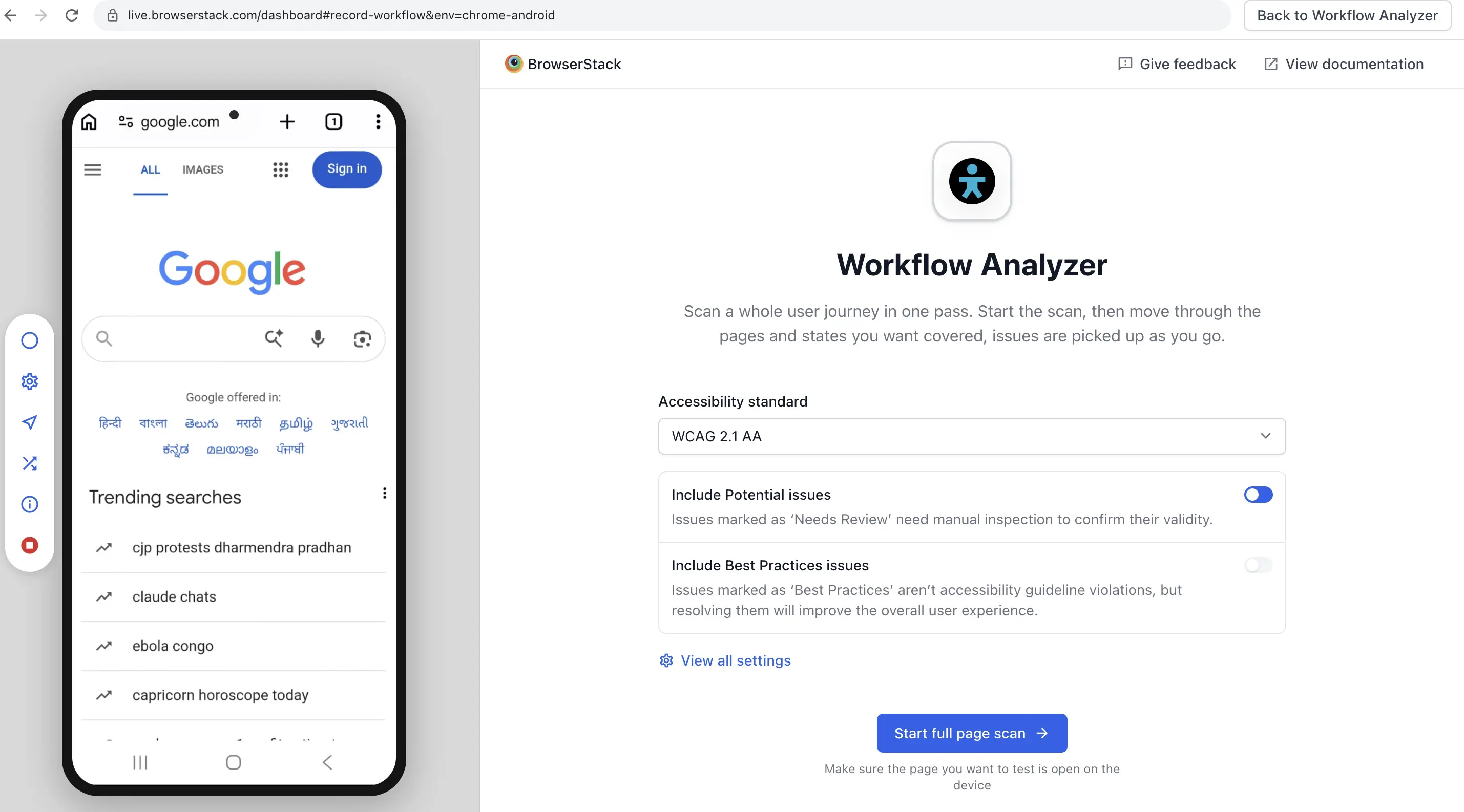 Workflow Analyzer panel next to an Android device, with the accessibility standard and issue type settings