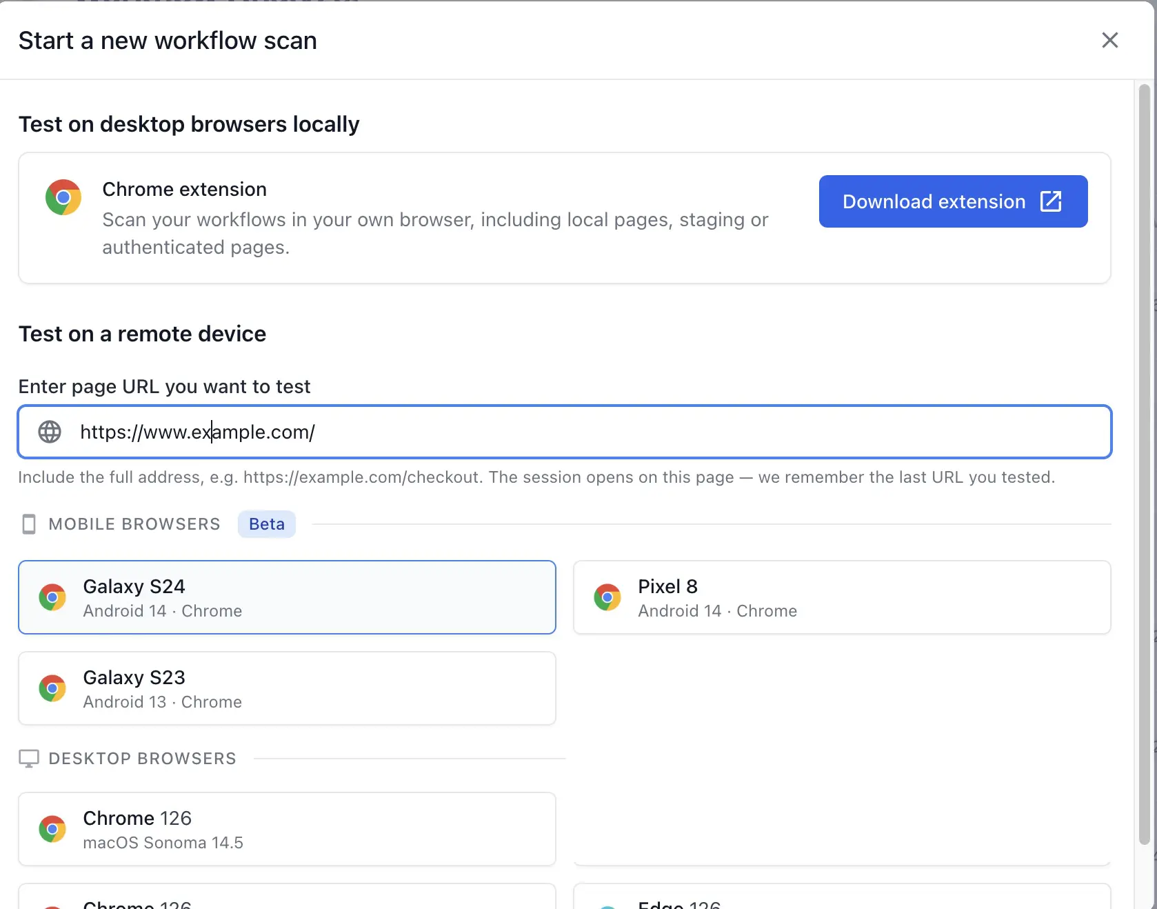 Start a new workflow scan screen with a page URL entered and a list of mobile and desktop browsers