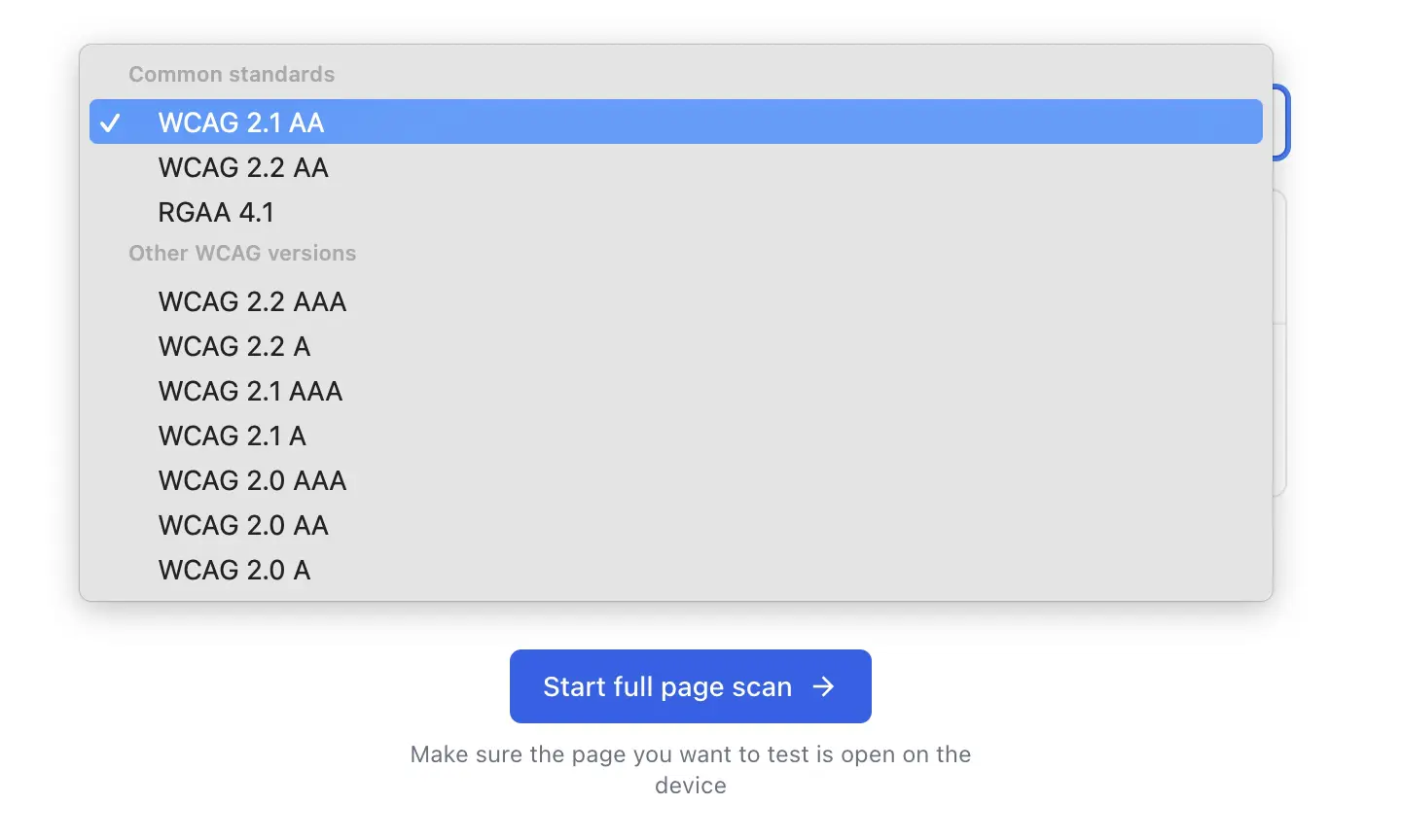 Accessibility standard drop-down with WCAG 2.0, 2.1, 2.2, and RGAA 4.1 options
