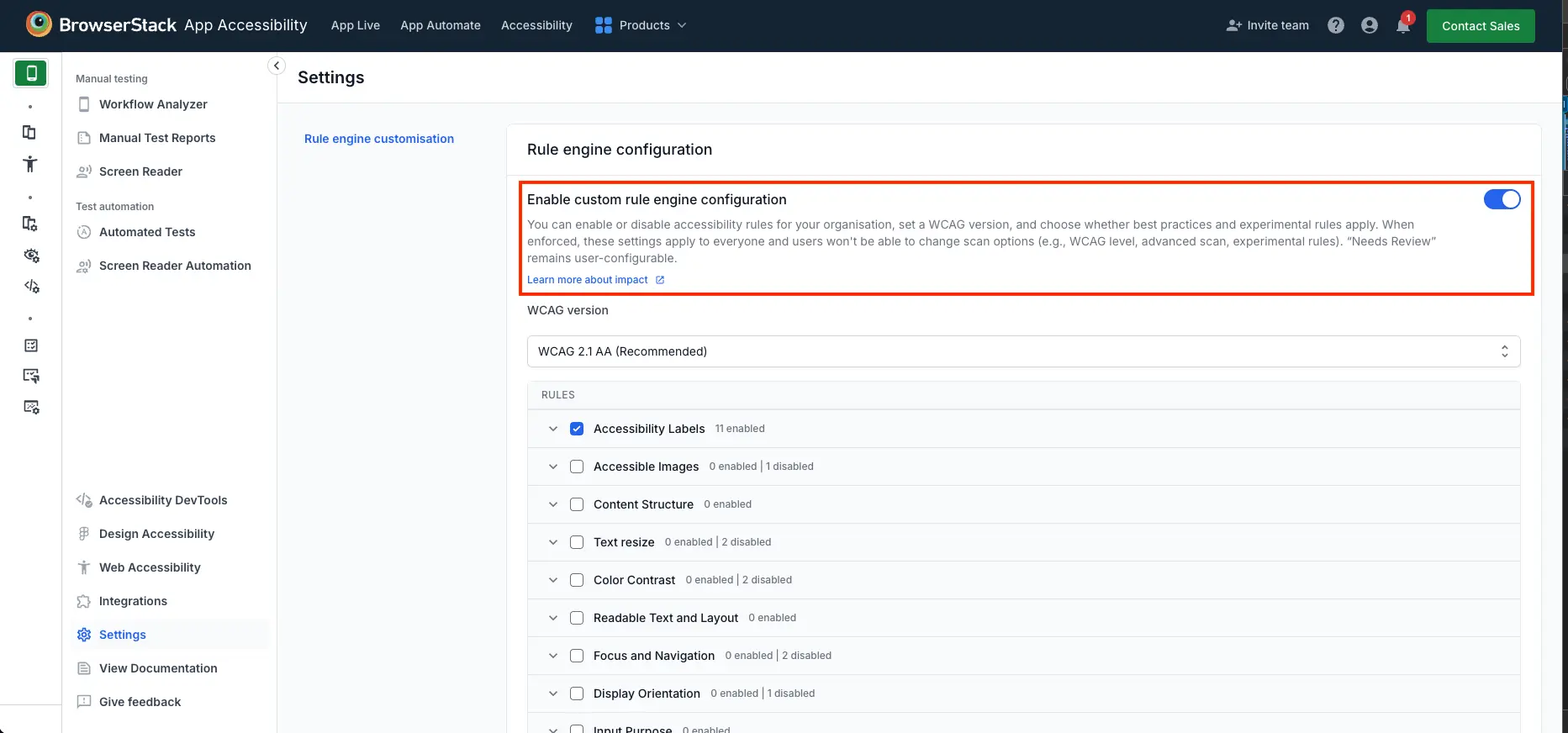 The Enable custom rule engine configuration toggle on the Settings tab.