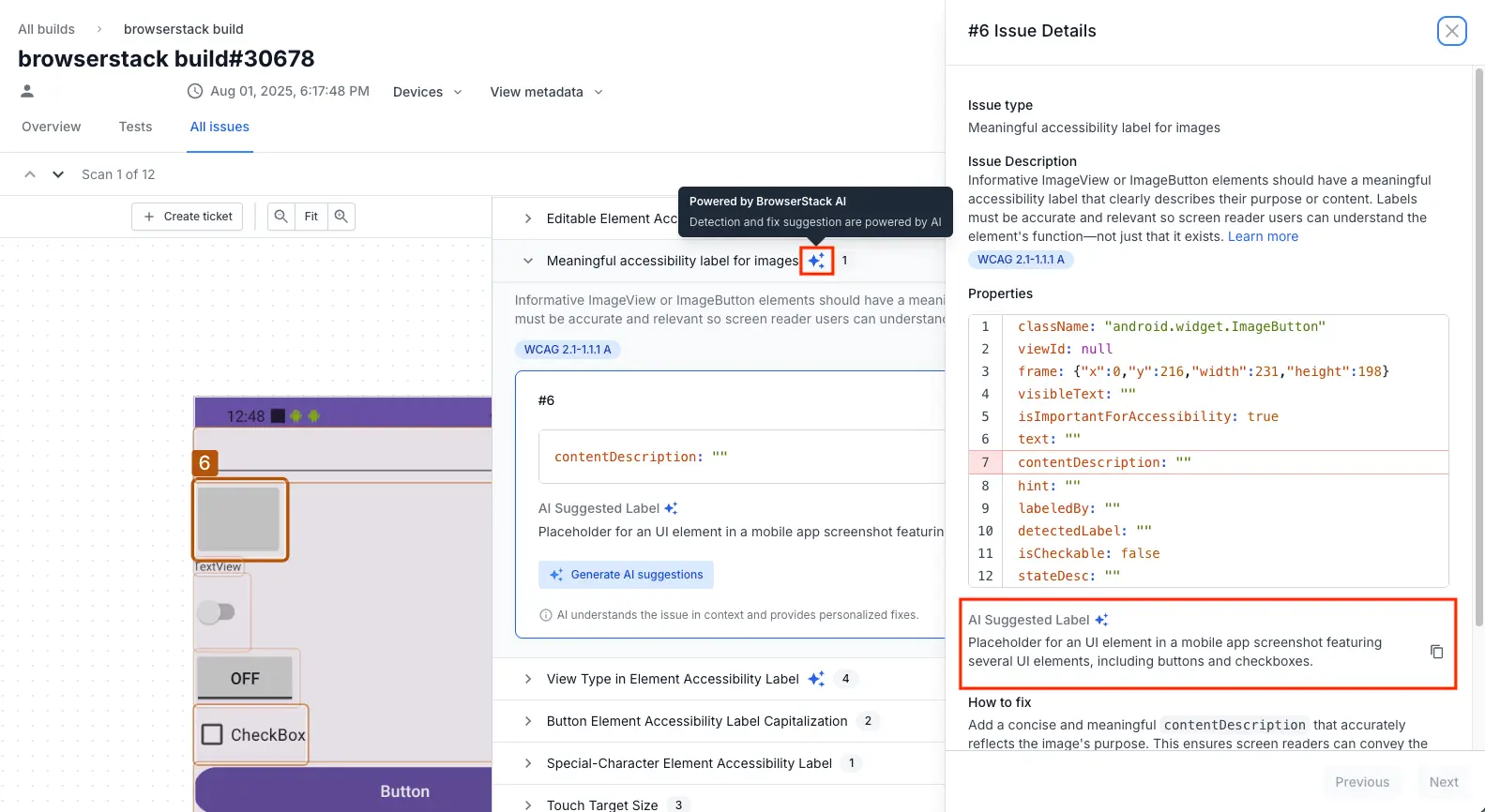 Screenshot of a BrowserStack App Accessibility scan report with a Meaningful accessibility label for images violation with red boxes highlighting the AI icon and suggestion.