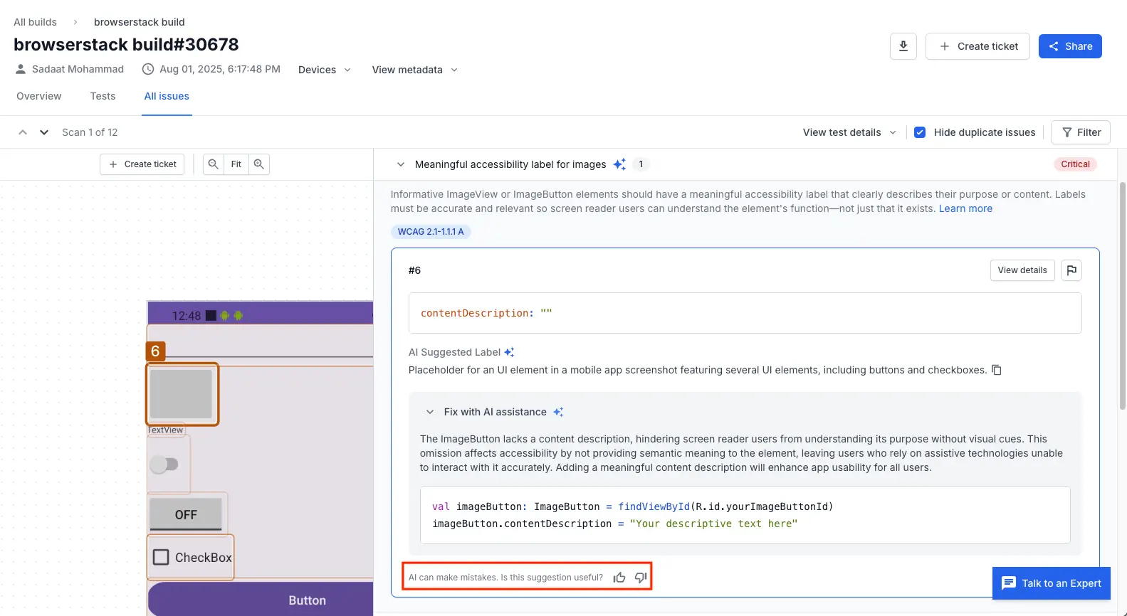 Screenshot of a BrowserStack App Accessibility scan report with the feedback section highlighted.