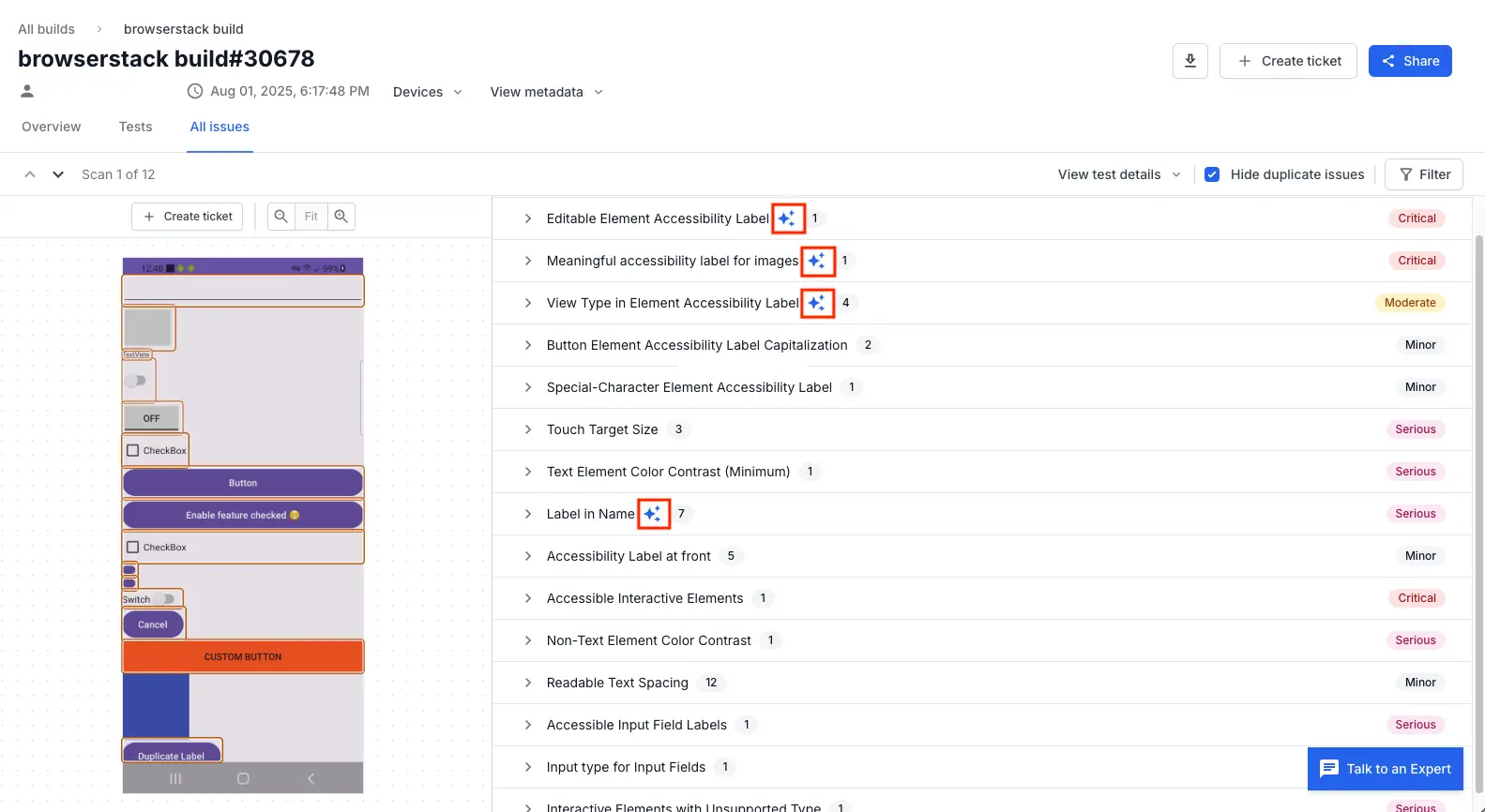 Screenshot of a BrowserStack App Accessibility scan report with an AI icon next to a violation highlighted by a red box.