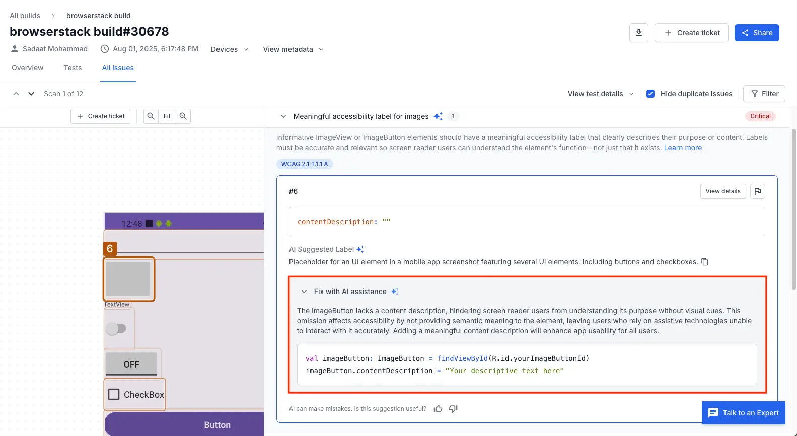 Screenshot of a BrowserStack App Accessibility scan report with the Fix with AI assistance section expanded, showing AI-generated suggestions.