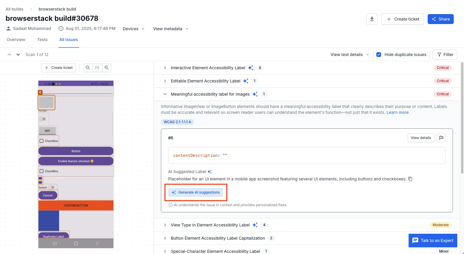Screenshot of a BrowserStack App Accessibility scan report with the Generate AI suggestions button highlighted.