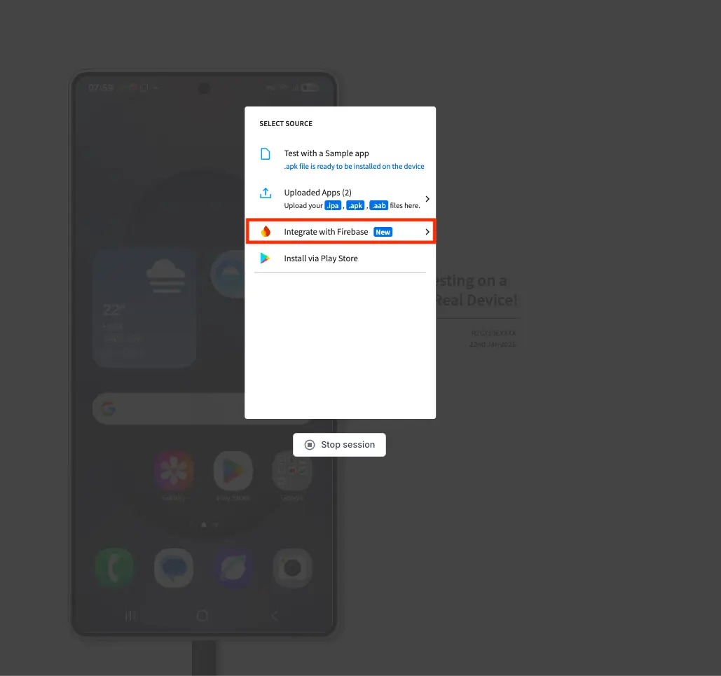 Select Source screen showing the 'Integrate with Firebase' option highlighted.