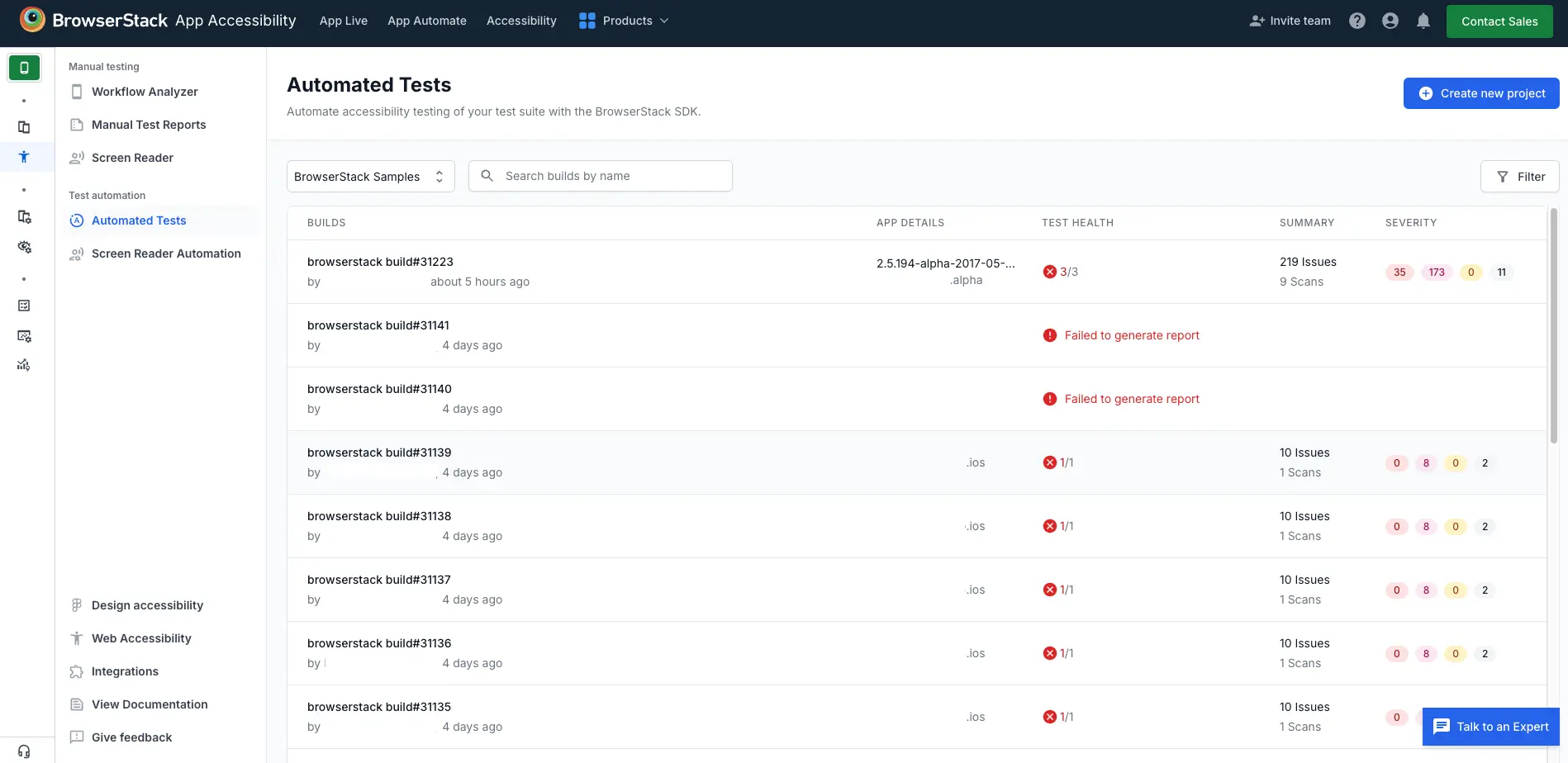 Automated Tests section in the App Accessibility dashboard.