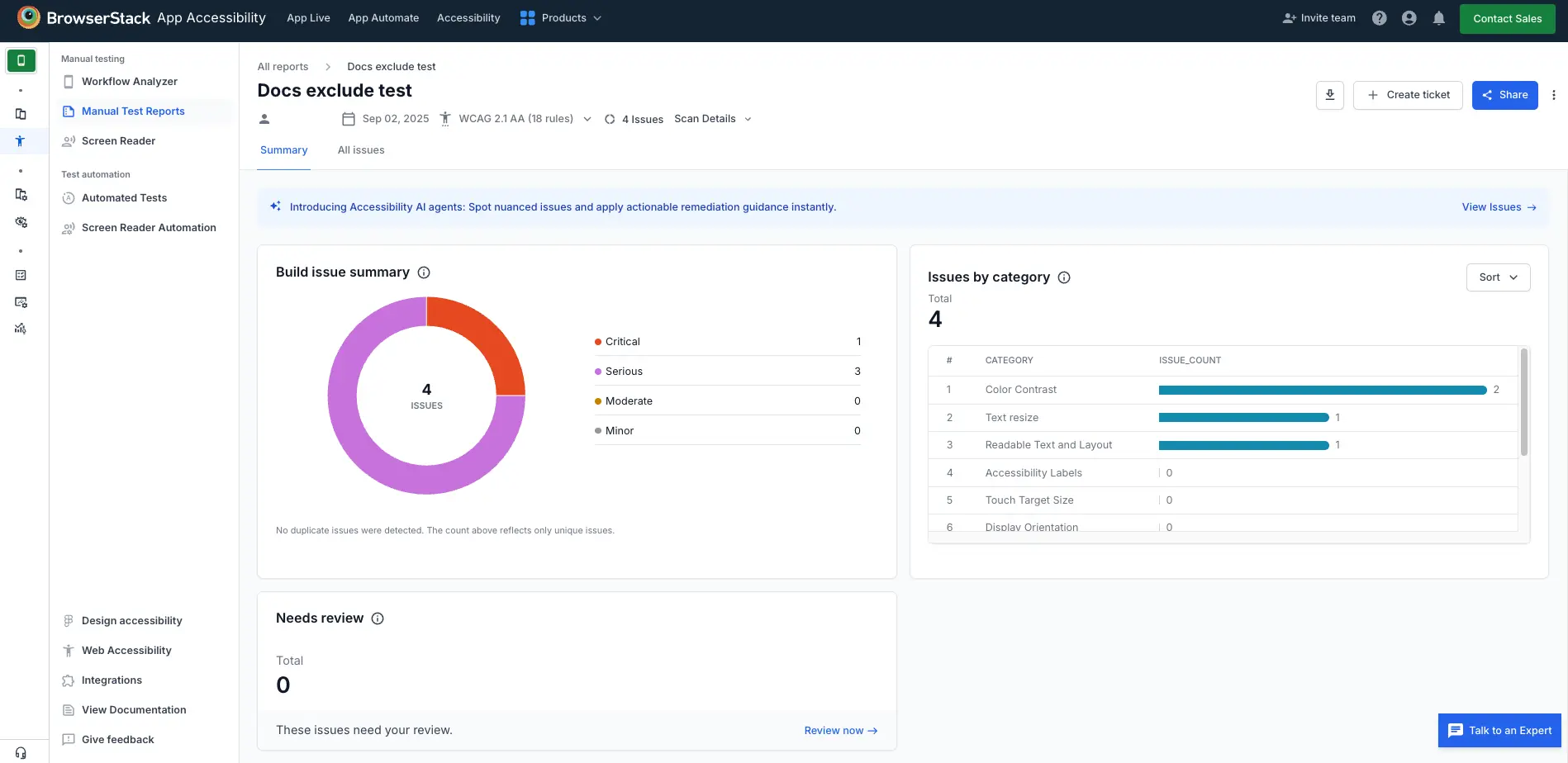 Opened app accessibility report showing detailed information about detected issues.