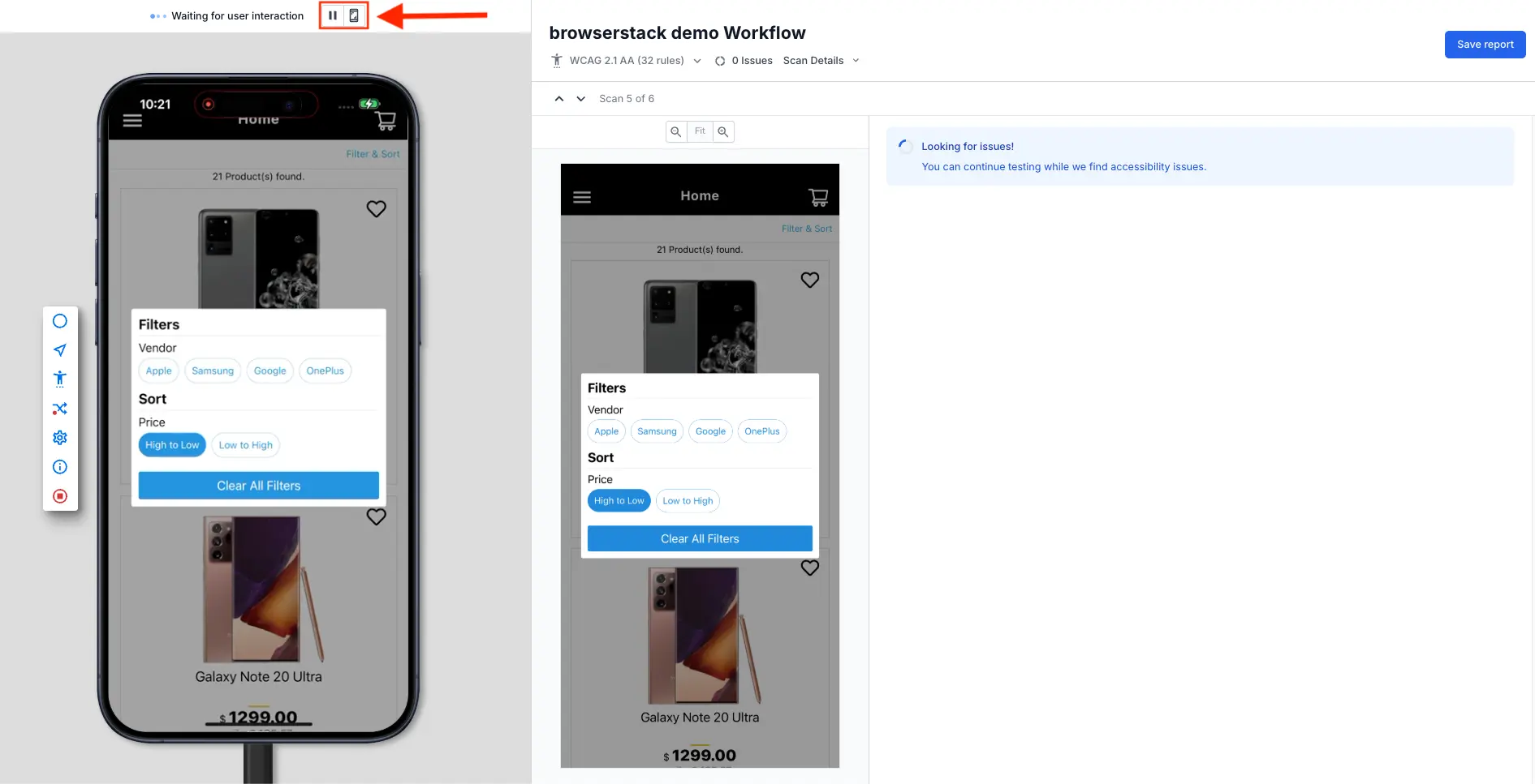 The Pause button highlighted in the test session window.