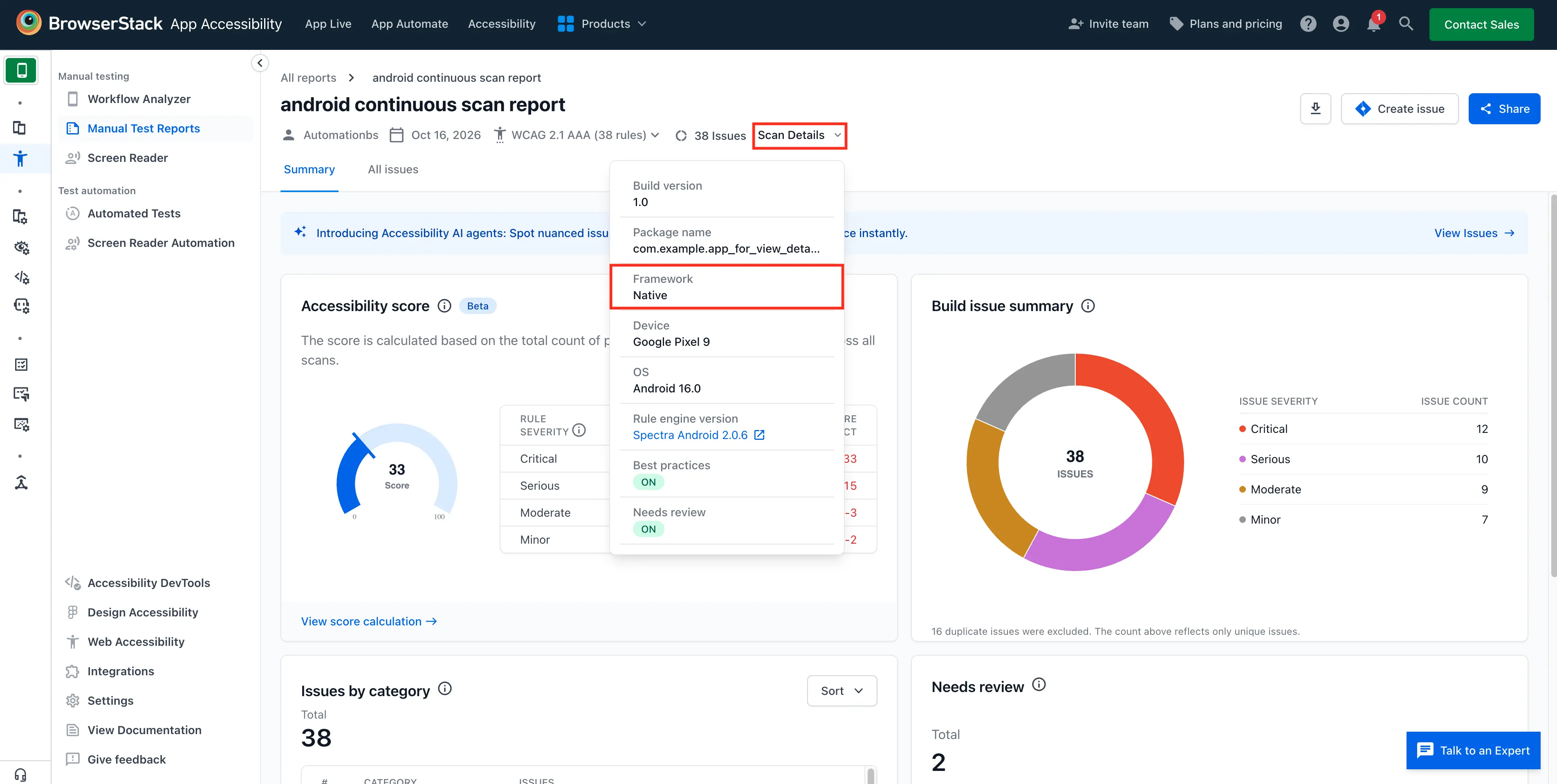 The Scan Details dropdown in a manual test report header with the Framework field highlighted, showing Native as the app development framework.