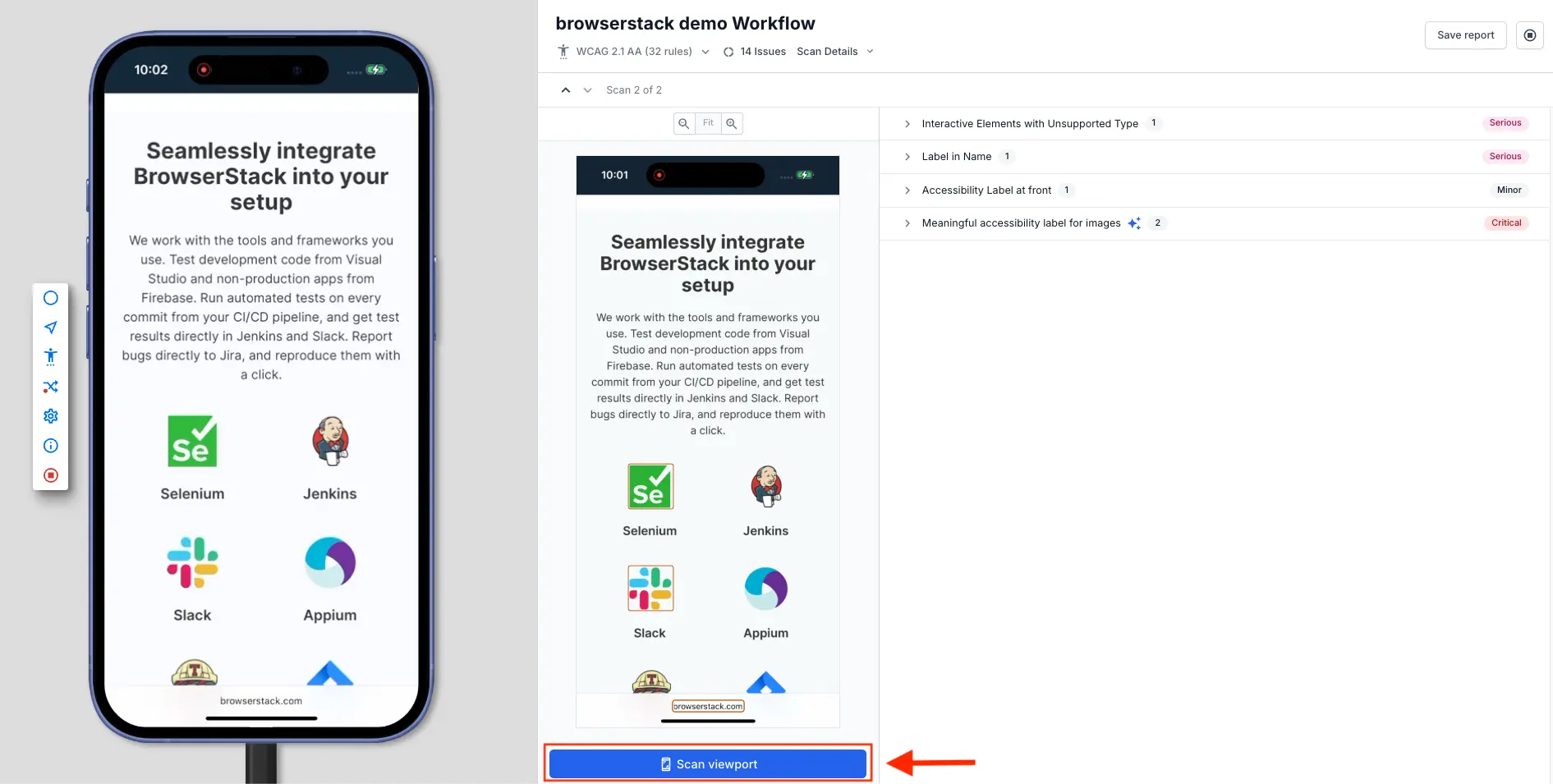 The Scan viewport button highlighted in the test session window.