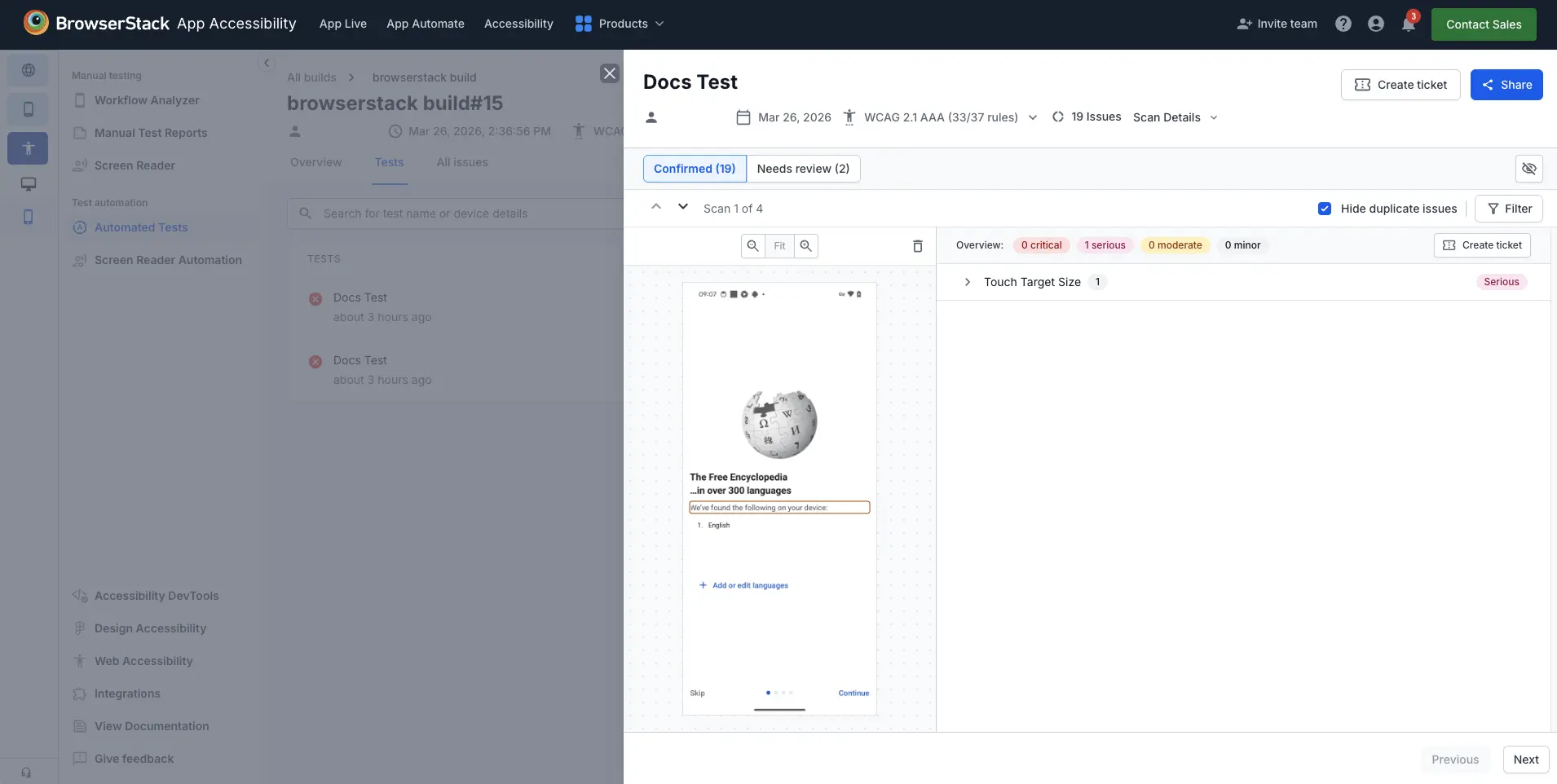A selected test displaying detailed information about detected issues.