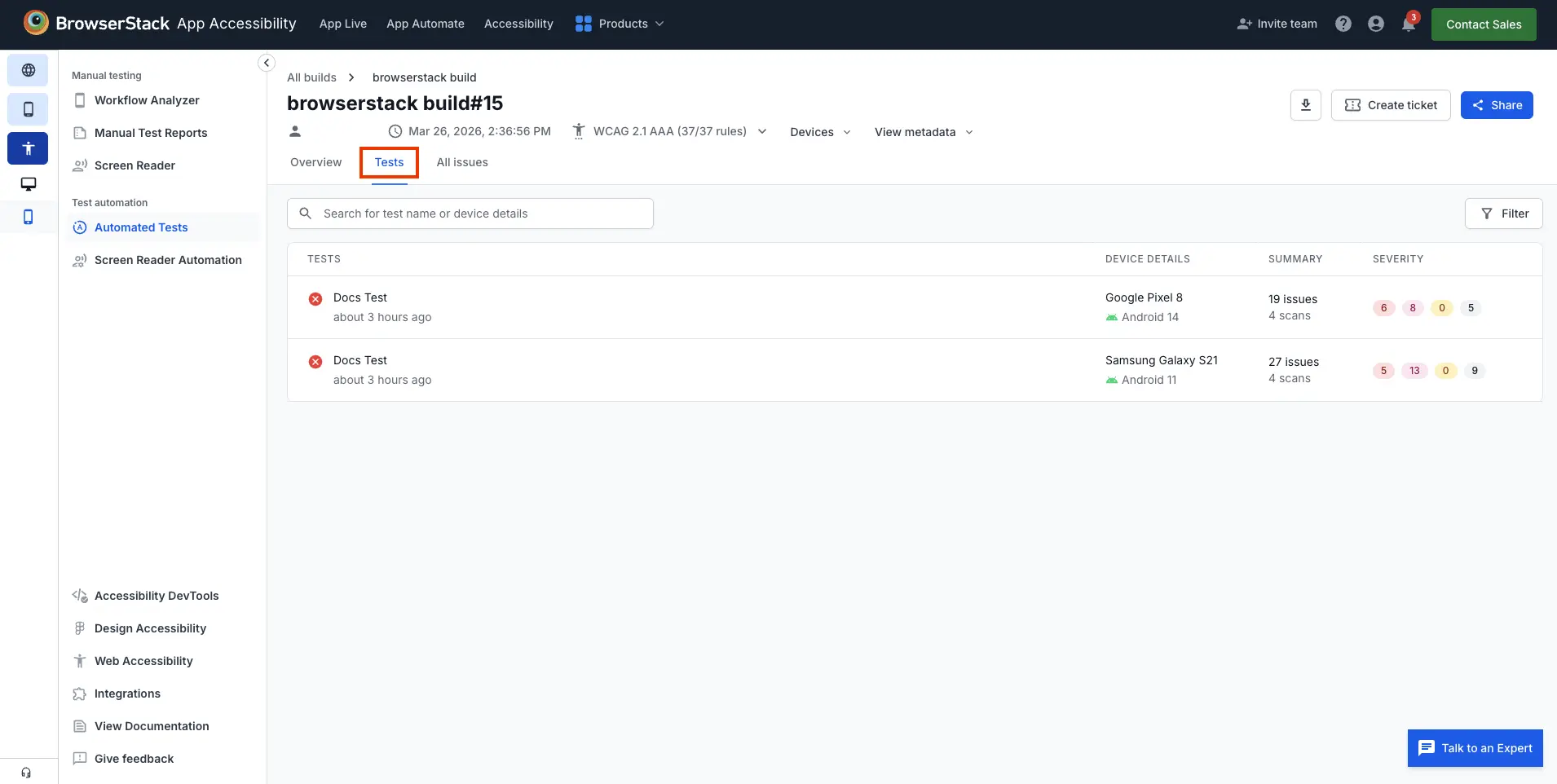 Tests section in an accessibility report showing a list of tests that were part of the scan.