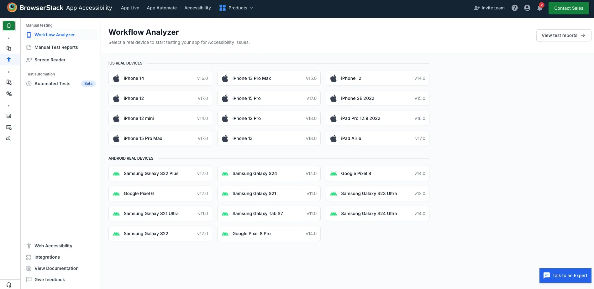 The Workflow Analyzer dashboard with a list of devices and OS combinations.