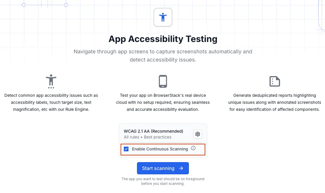 The Enable continuous scanning checkbox highlighted in the pre-session configuration window.