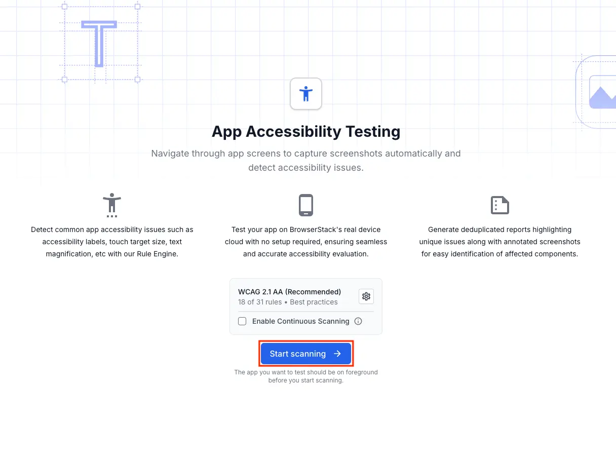 The Start scanning button highlighted in the test session window.