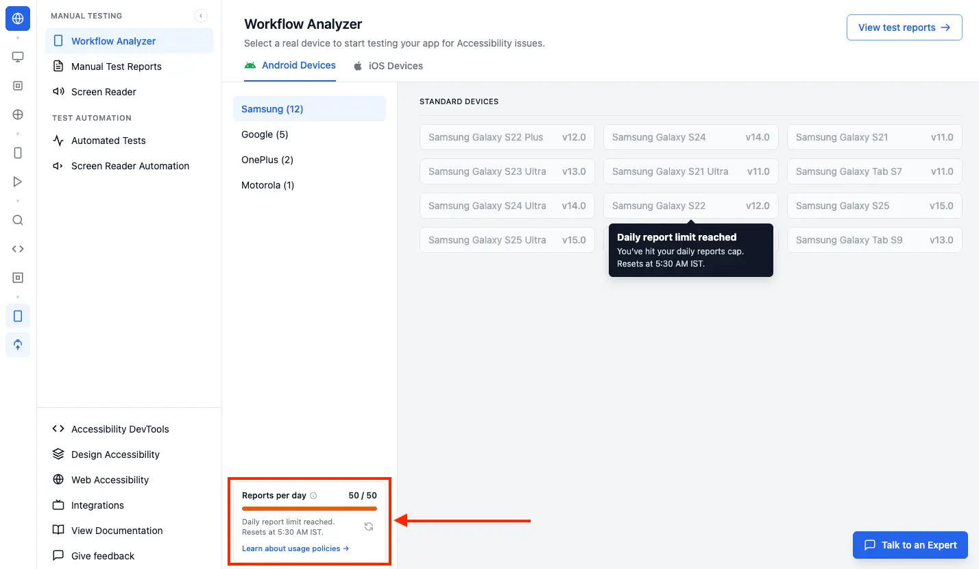 The Reports per day card in the Workflow Analyzer dashboard showing the daily report limit reached and device cards disabled with a similar daily report limit reached message.