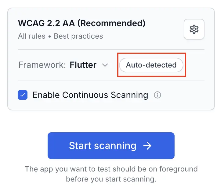 The Auto-detected label highlighted next to the Framework dropdown set to Flutter, above the Enable Continuous Scanning option.