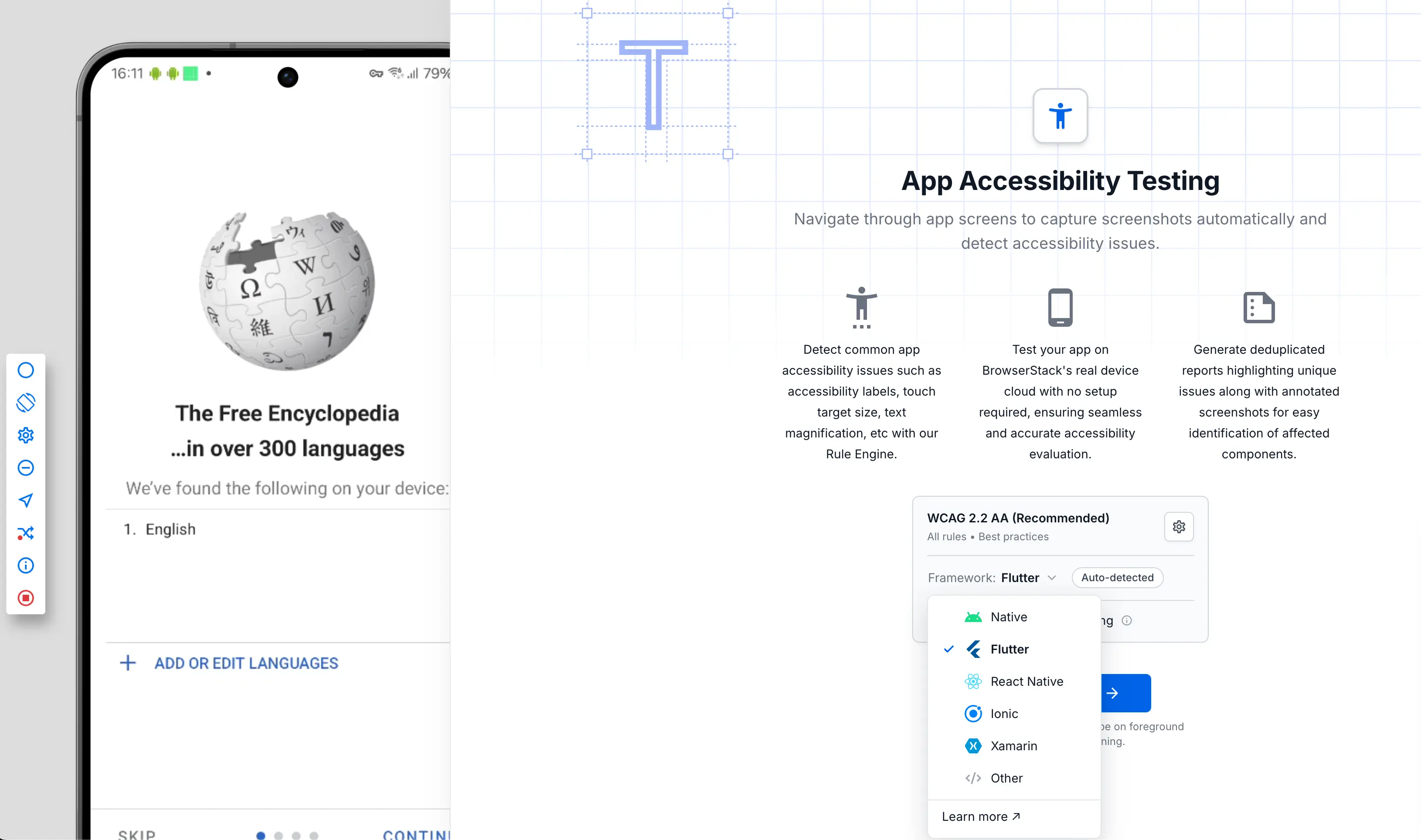 The Framework dropdown open in the App Accessibility Testing window, listing the Native, Flutter, React Native, Ionic, Xamarin, and Other options.
