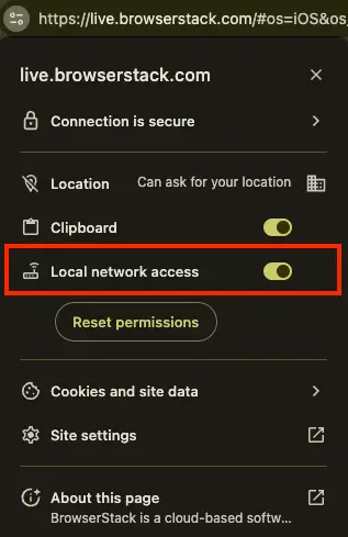 Screenshot showing Chrome's address bar with the Padlock icon expanded, displaying the Local network access permission toggle