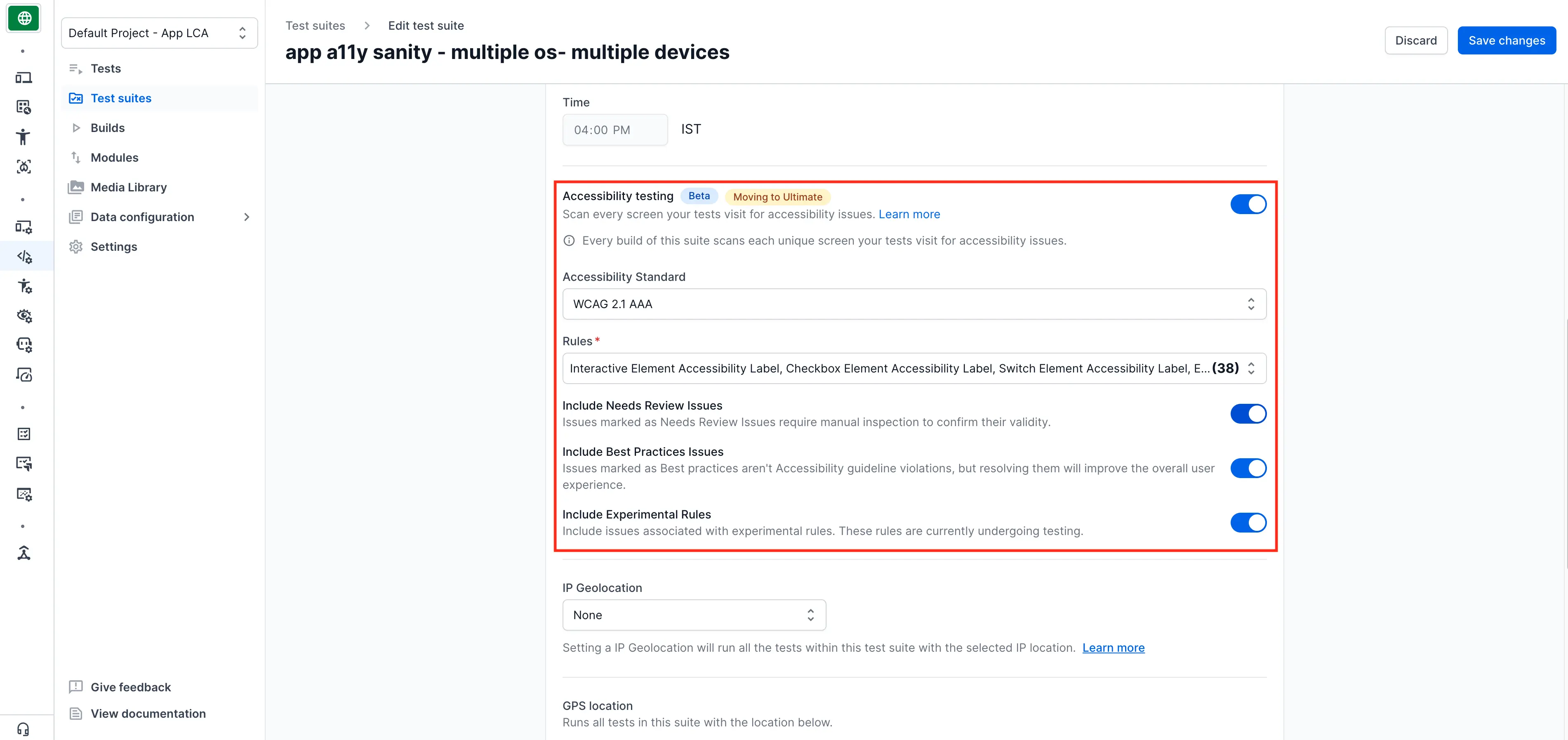 The Edit test suite page with the Accessibility testing toggle turned on.