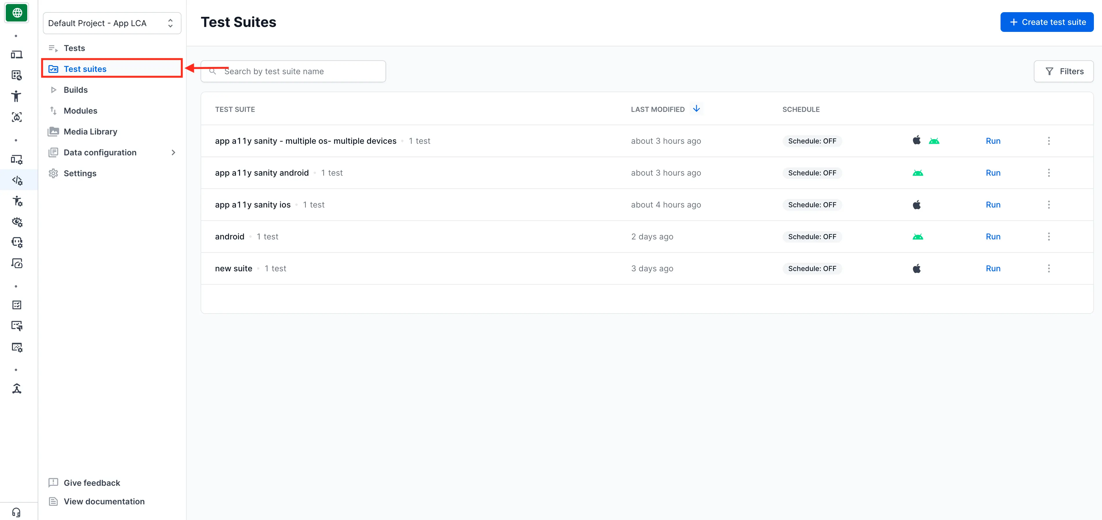 The Test suites entry in the App Low Code Automation left navigation pane.