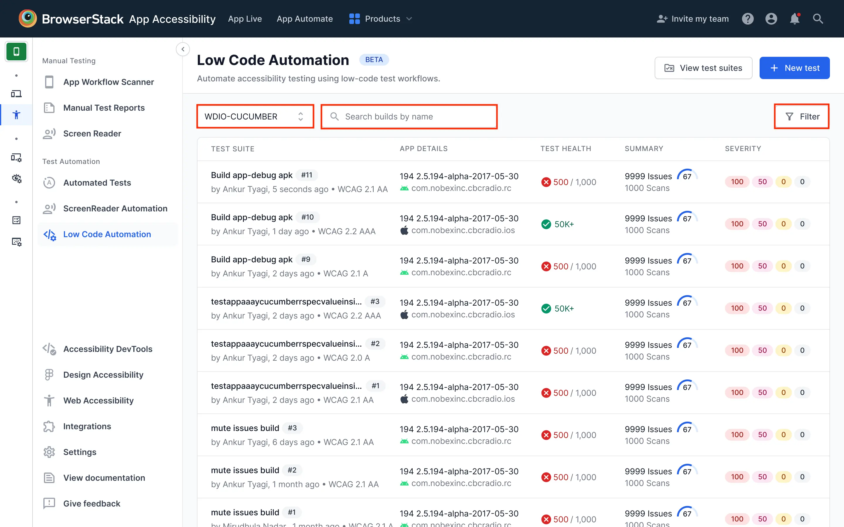 The Low Code Automation build list with the project dropdown, search field, and Filter button.