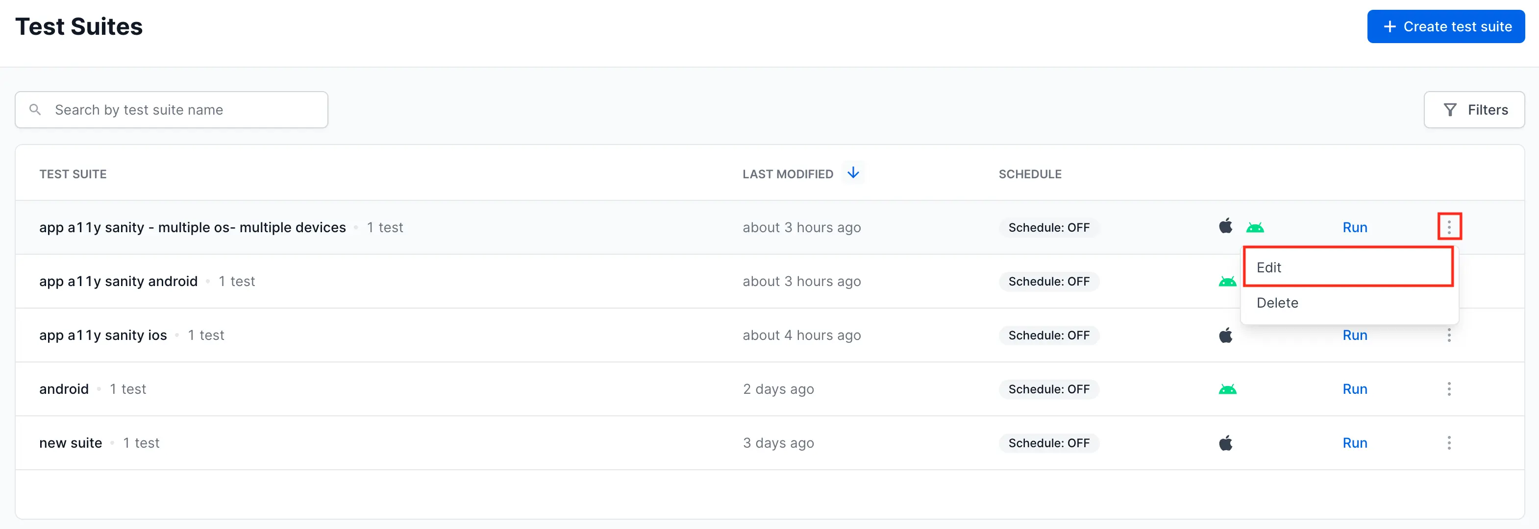 The More options menu open on a test suite row with the Edit option showing.