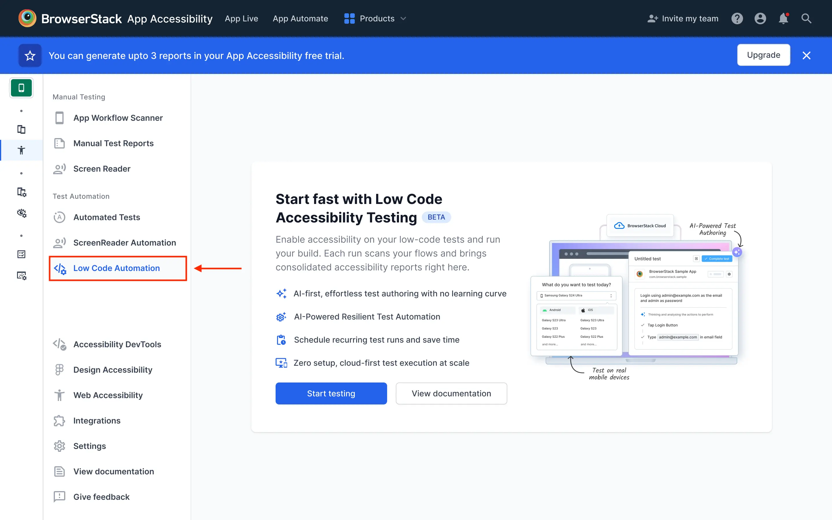 The Low Code Automation entry in the App Accessibility sidebar, below Automated Tests and ScreenReader Automation.