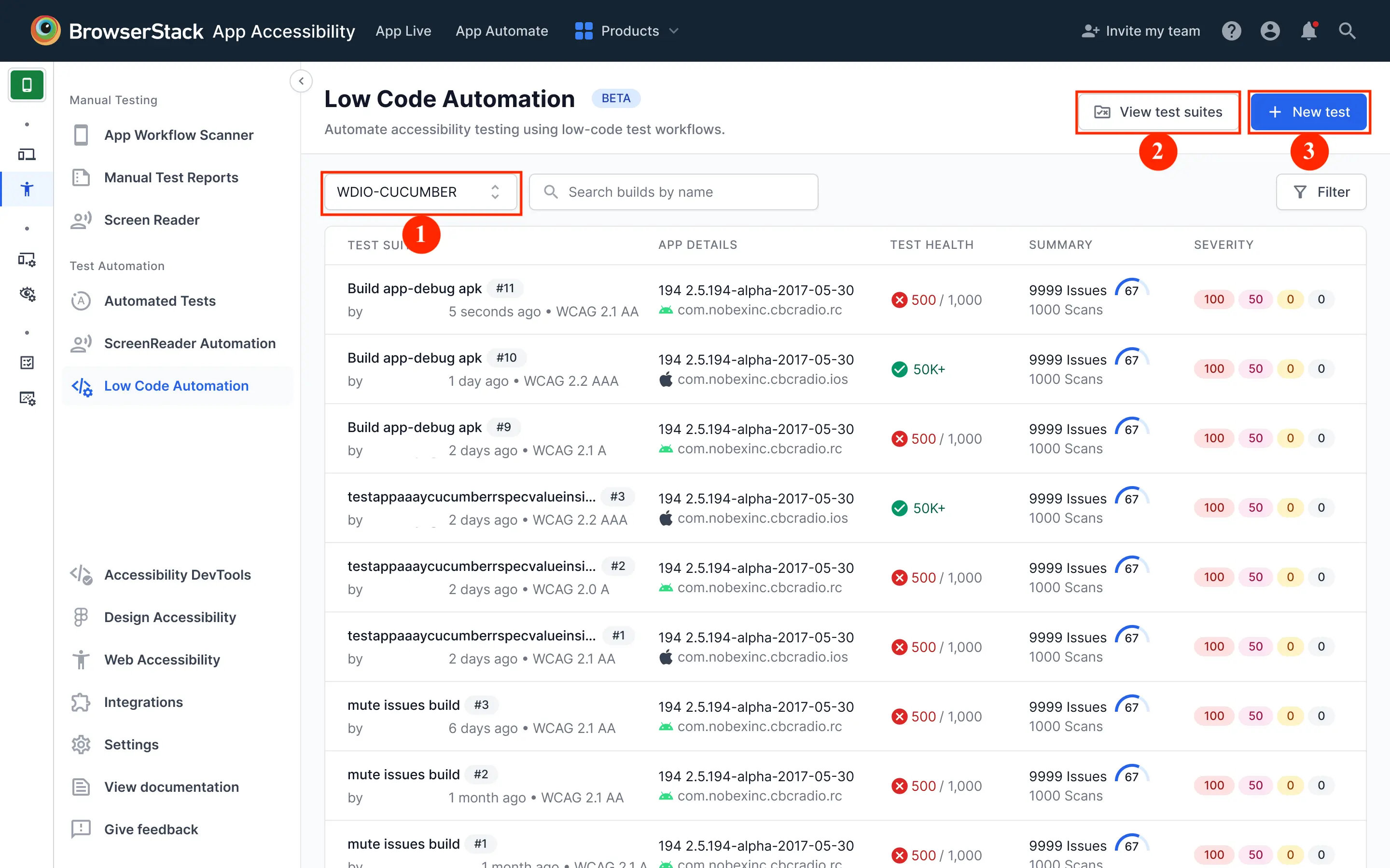 The Low Code Automation page with annotations marking the project dropdown, New test, and View test suites.