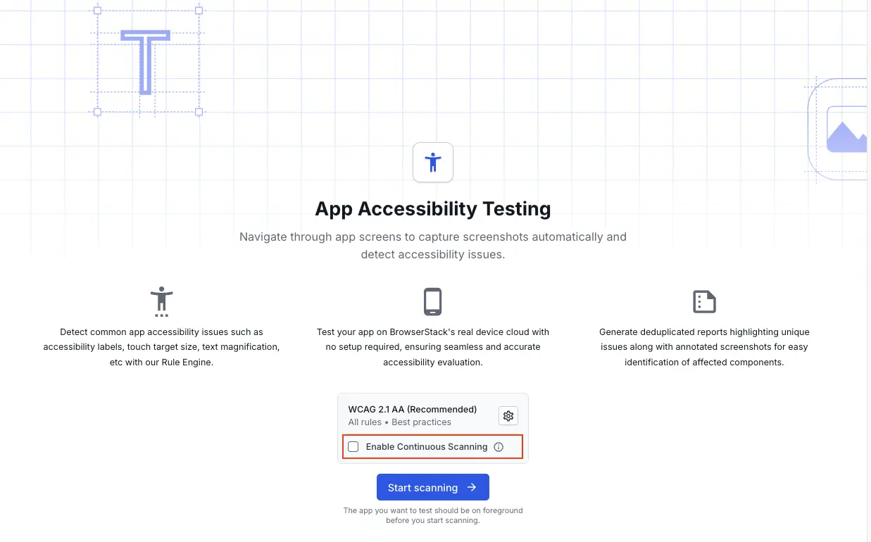 The Enable Continuous Scanning option highlighted in the test session window.