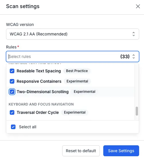 The rules dropdown menu with various accessibility rules listed available for selection.