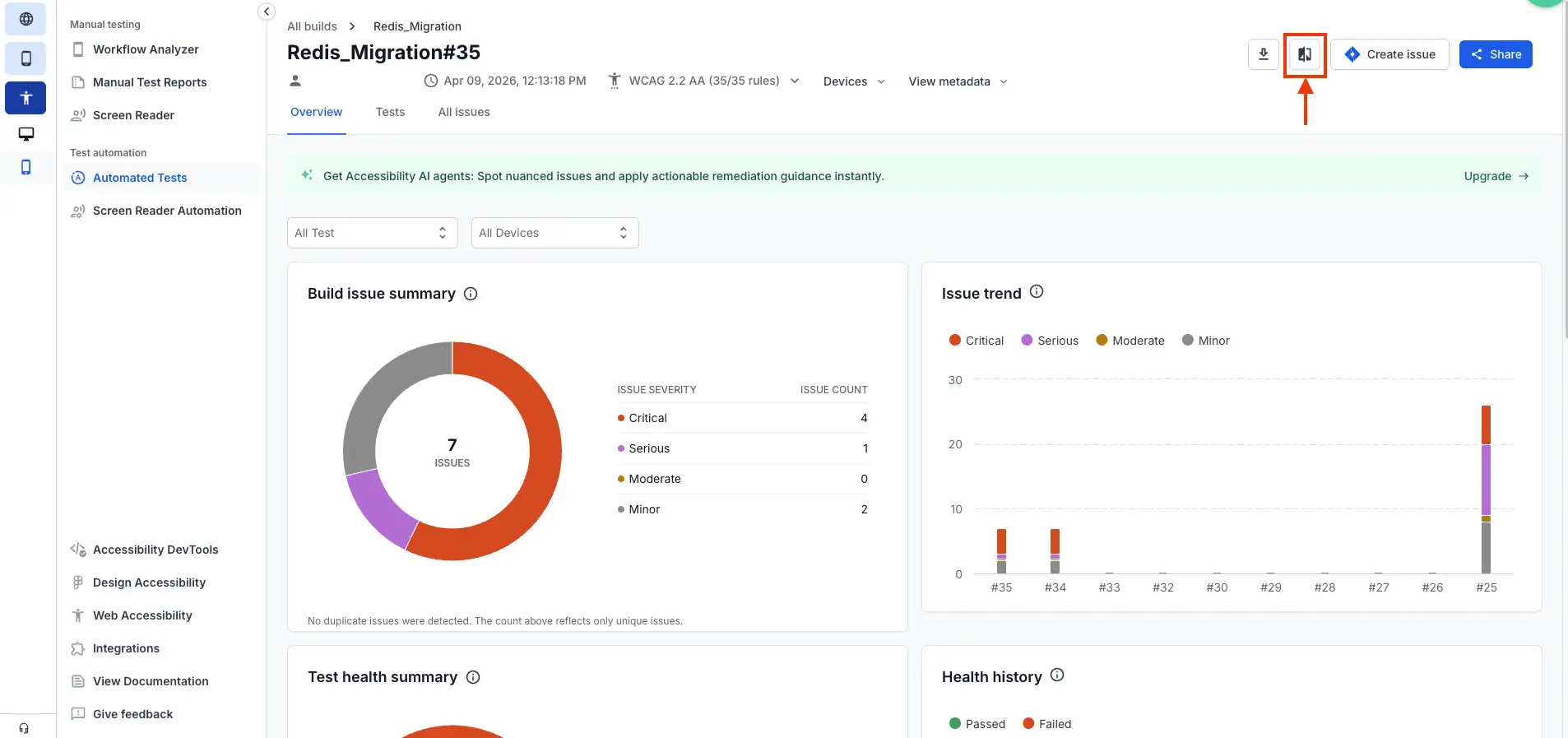 Compare button highlighted on the build overview page.