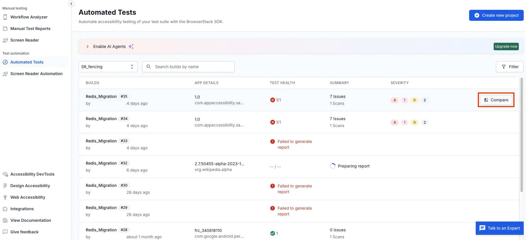 Compare button highlighted on a build run row in the Automated Tests report list.