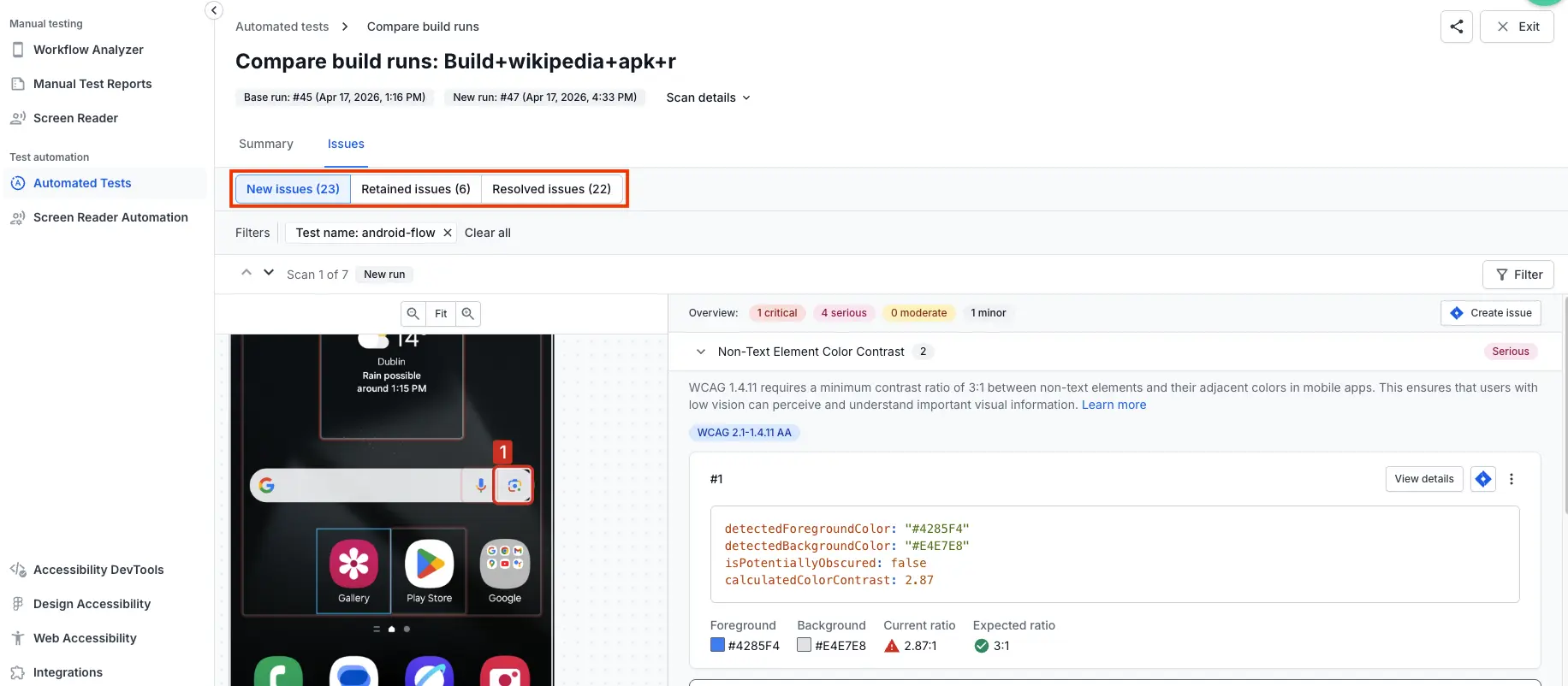 Issues tab showing filter options for new, retained, and resolved issues.
